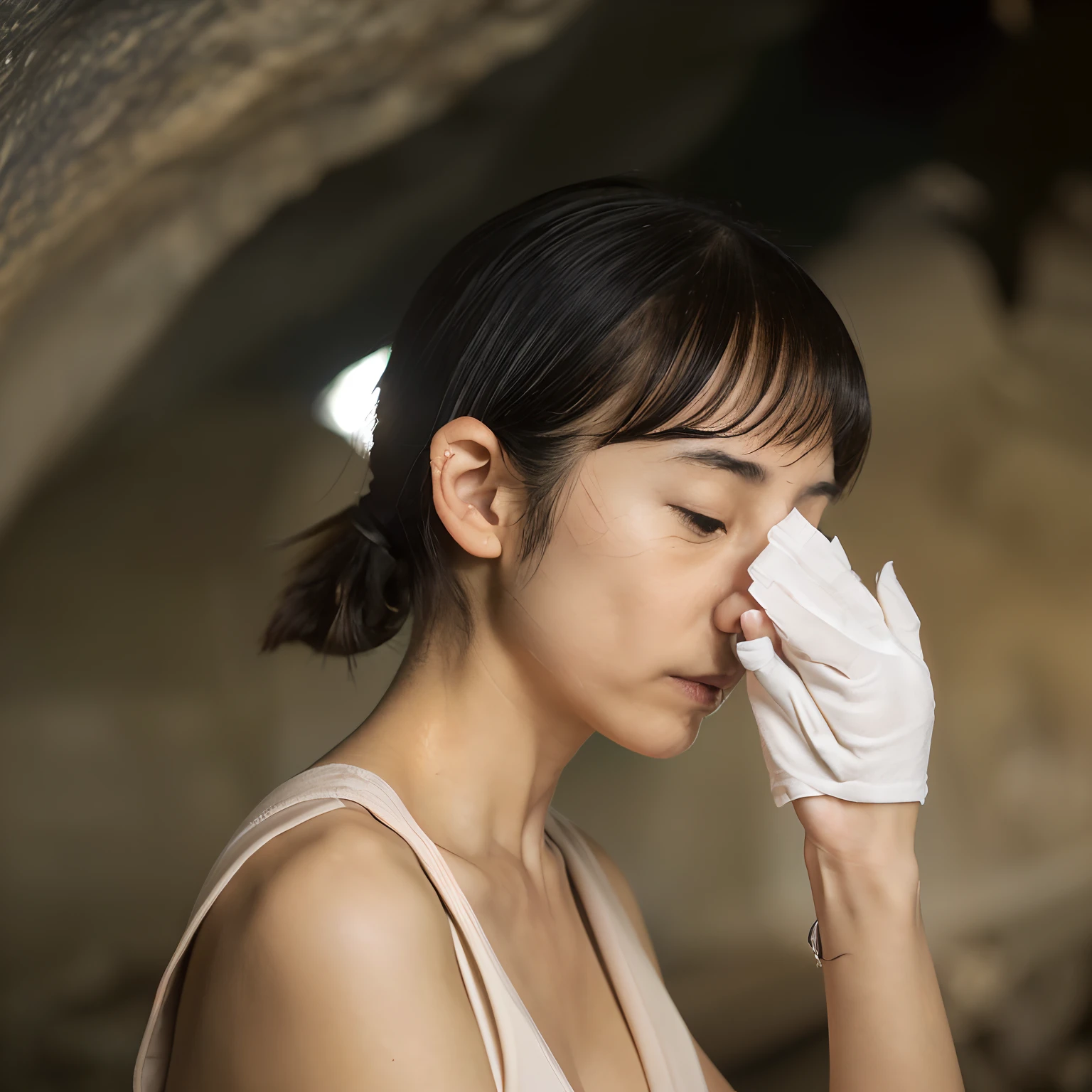 ((masutepiece, hight resolution,depth of fields, 4K,nffsw,))),((((Girl covering her nose so as not to smell stinky smell)))),You are smelling bad smells,Girl fart,Girl reacts by smelling a foul smell,(((Being in the cave))),Wearing a jersey,cleavage of the breast,Short Bob,((Naoki Kirigaya))