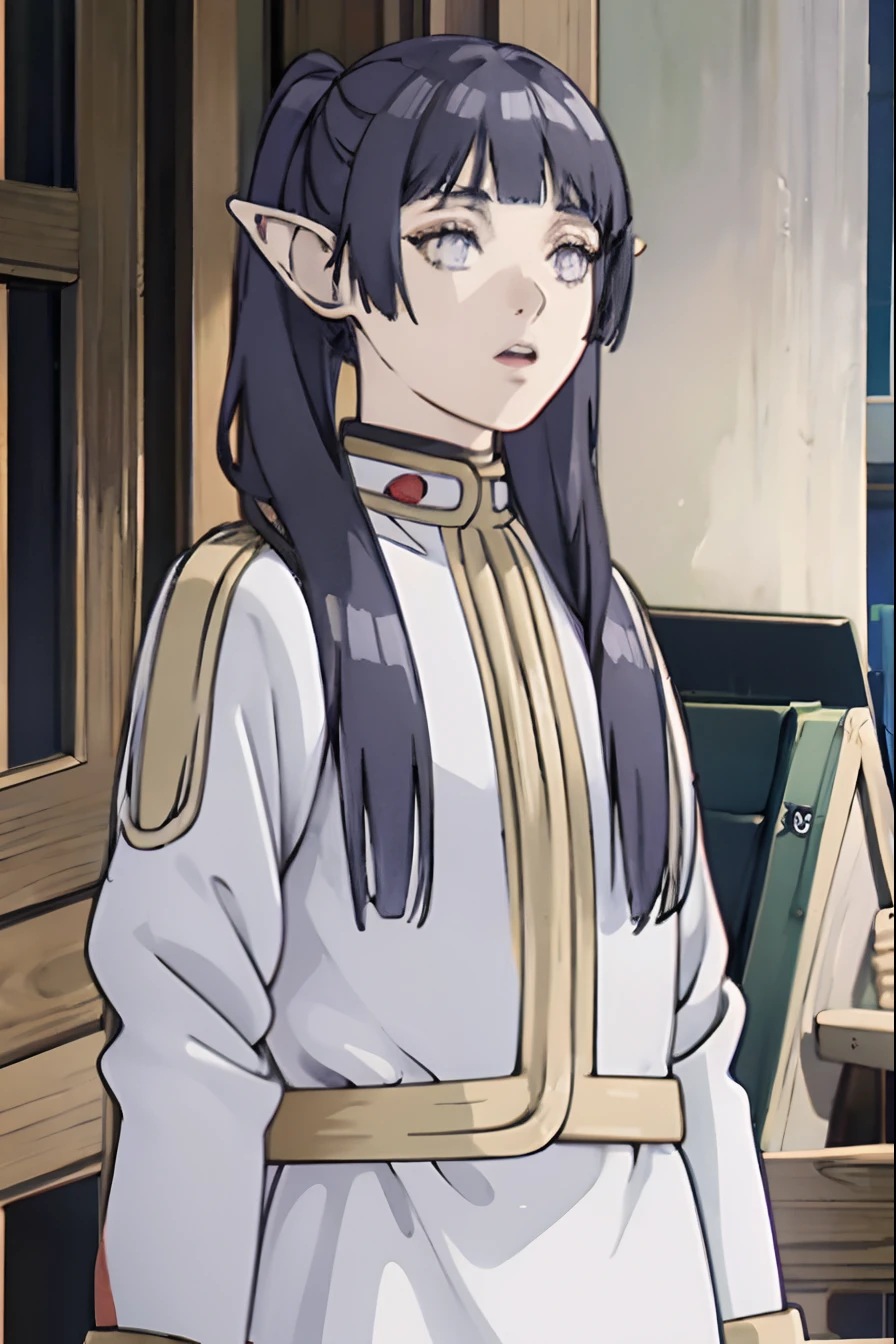 anime girl with dark blue hair and purple eyes standing in front of a building, anime visual of a cute girl, anime visual of a young woman, smooth anime cg art, female anime character, from girls frontline, stylized anime, girl with dark blue hair, girls frontline cg, detailed anime character art, young anime girl, fine details. girls frontline, long elf ears, blunt bangs, long twintails hair, hinata hyuga, hinata as frieren