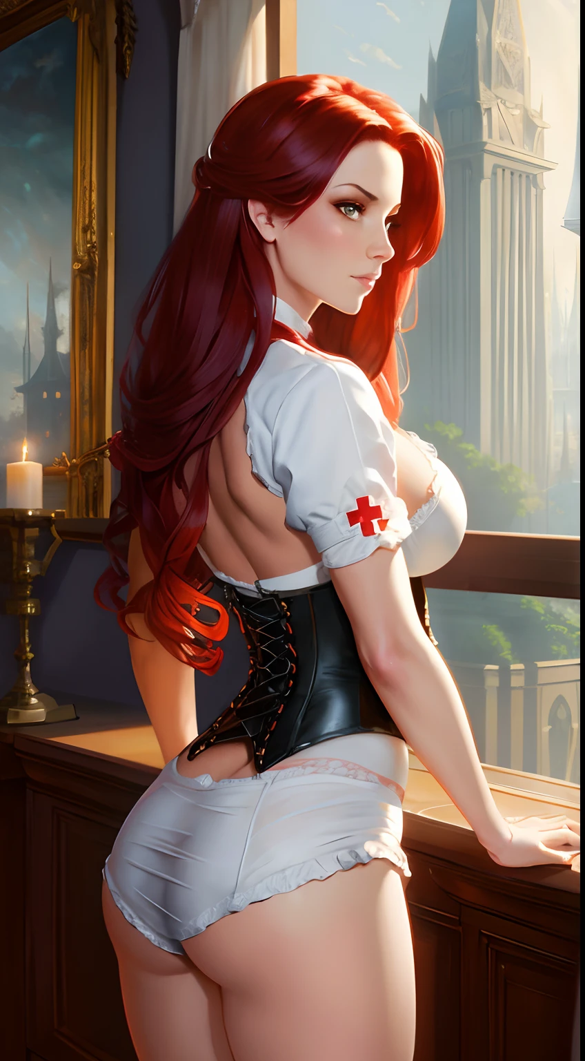 Beautiful busy buxom nurse in a white corset and long red hair sinister Greg Rutkowski ethereal fantasy Thomas Kinkade hyperdetailed oil on canvas oil painting by James Gurney, 8k resolution hyperdetailed hyperrealism, trending on Artstation --auto