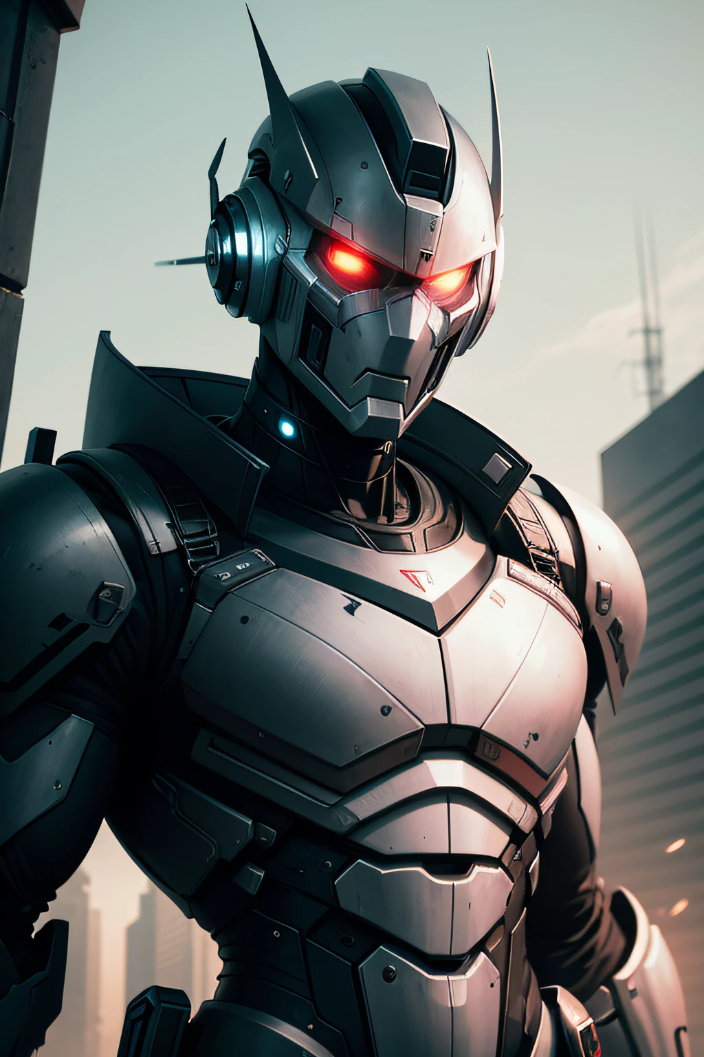 Futuristic robot man with a cyborg look, In an apocalyptic world, com muitas luzes e sombras
