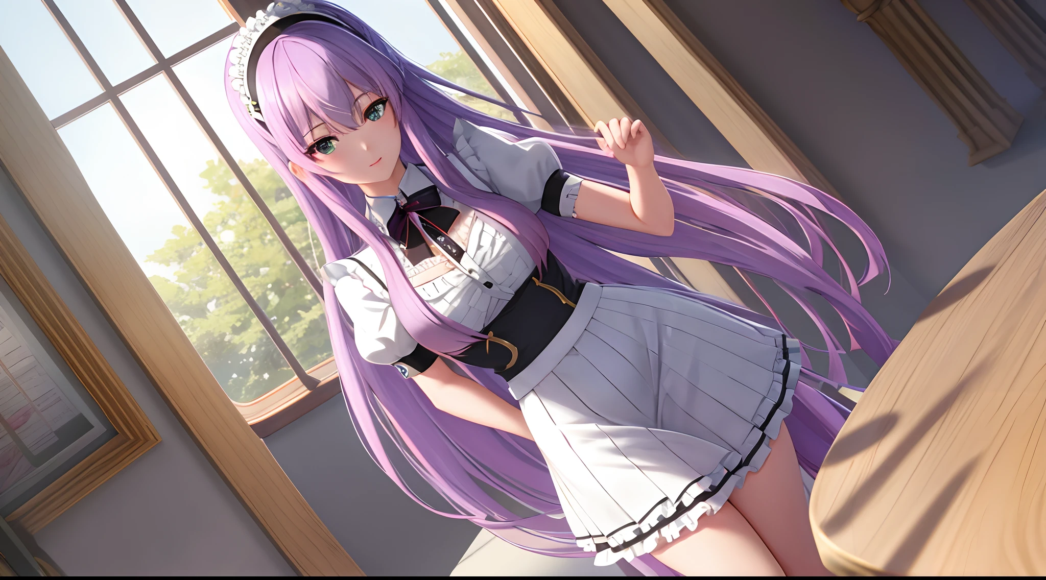 Athena with plain long light purple hair,hair between eyes,green eyes,rosy cheeks,full lips,thin eyebrows,slender body,wearing black maid uniform with frills and full long skirt,cute anime girl,full body,restaurant tables in background,anime style,Lumen Reflections,Screen Space Reflections,Diffraction Grading,Chromatic Aberration,GB Displacement,Scan Lines,Ray Traced,Anti-Aliasing,FXAA,TXAA,RTX,SSAO,Shaders,OpenGL-Shaders, GLSL-Shaders,Post Processing,Post-Production,cell Shading,Tone Mapping,CGI,VFX,SFX,insanely detailed and intricate, 4K,standing, solo, masterpiece, best quality, detailed face, detailed eyes, highres, standing, solo,masterpiece, best quality