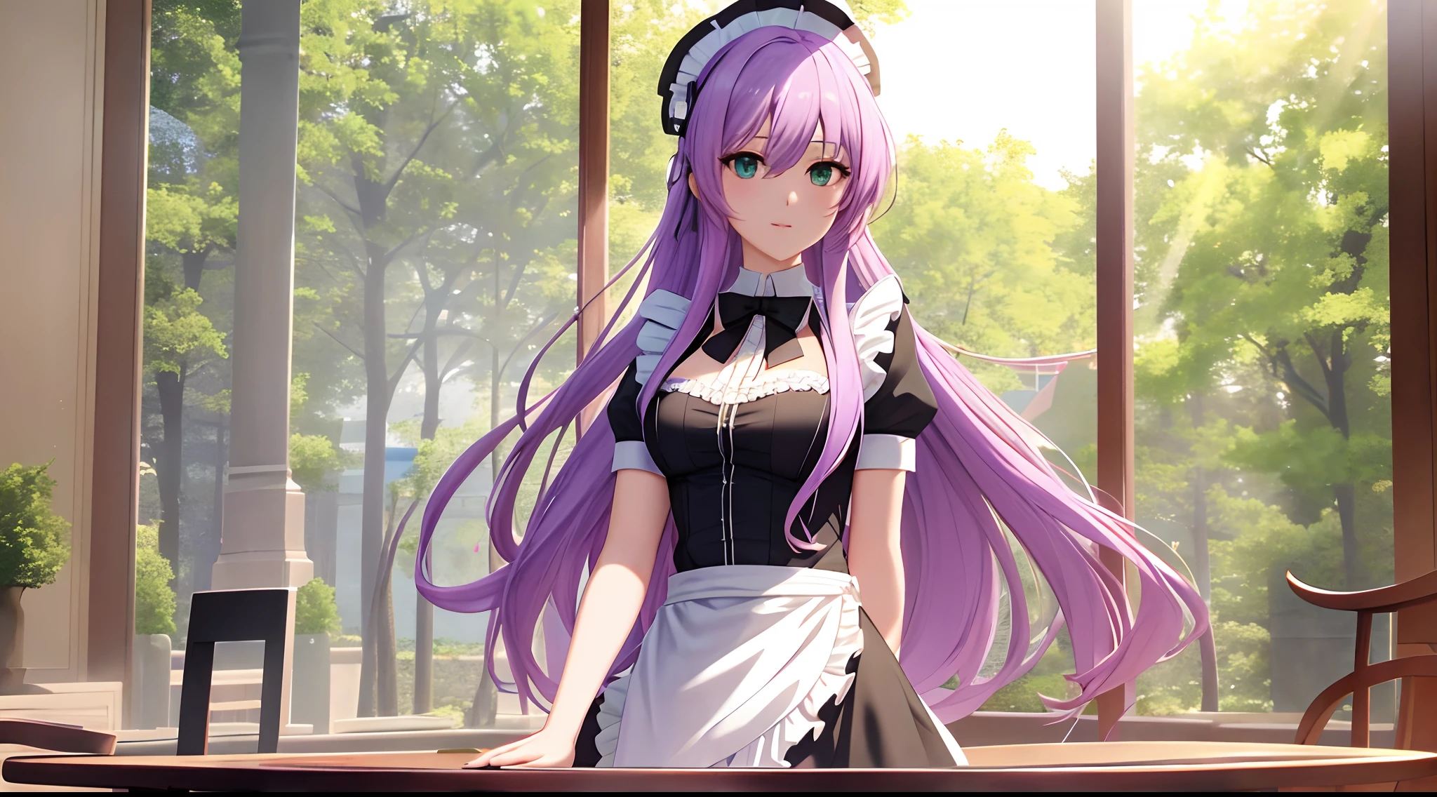 Athena with plain long light purple hair,hair between eyes,green eyes,rosy cheeks,full lips,thin eyebrows,slender body,wearing black maid uniform with frills and full long skirt,cute anime girl,full body,restaurant tables in background,anime style,Lumen Reflections,Screen Space Reflections,Diffraction Grading,Chromatic Aberration,GB Displacement,Scan Lines,Ray Traced,Anti-Aliasing,FXAA,TXAA,RTX,SSAO,Shaders,OpenGL-Shaders, GLSL-Shaders,Post Processing,Post-Production,cell Shading,Tone Mapping,CGI,VFX,SFX,insanely detailed and intricate, 4K,standing, solo, masterpiece, best quality, detailed face, detailed eyes, highres, standing, solo,masterpiece, best quality