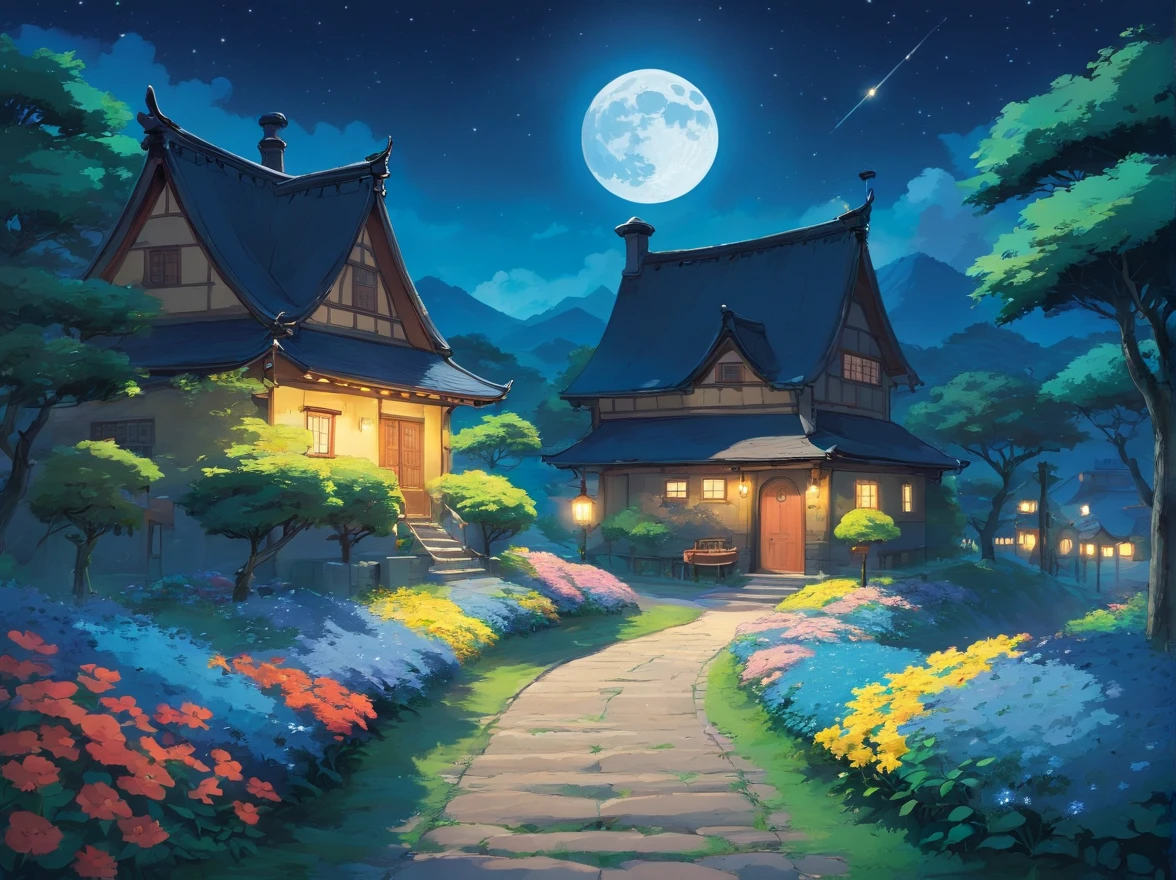 There is a path in the moonlight,A large black shadow leads a small black shadow,Flowers bloom next to the path,There are stars and a round moon in the sky,There are houses with lights on not far away