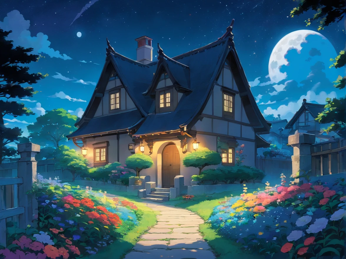 There is a path in the moonlight,A large black shadow leads a small black shadow,Flowers bloom next to the path,There are stars and a round moon in the sky,There are houses with lights on not far away