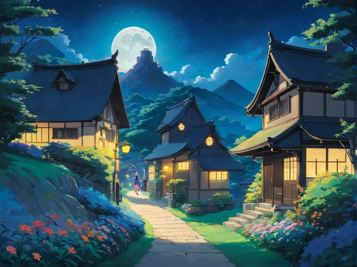 There is a path in the moonlight,A large black shadow leads a small black shadow,Flowers bloom next to the path,There are stars and a round moon in the sky,There are houses with lights on not far away