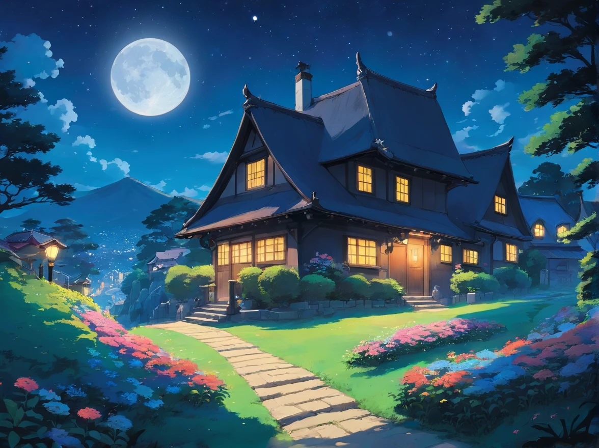 There is a path in the moonlight,A large black shadow leads a small black shadow,Flowers bloom next to the path,There are stars and a round moon in the sky,There are houses with lights on not far away