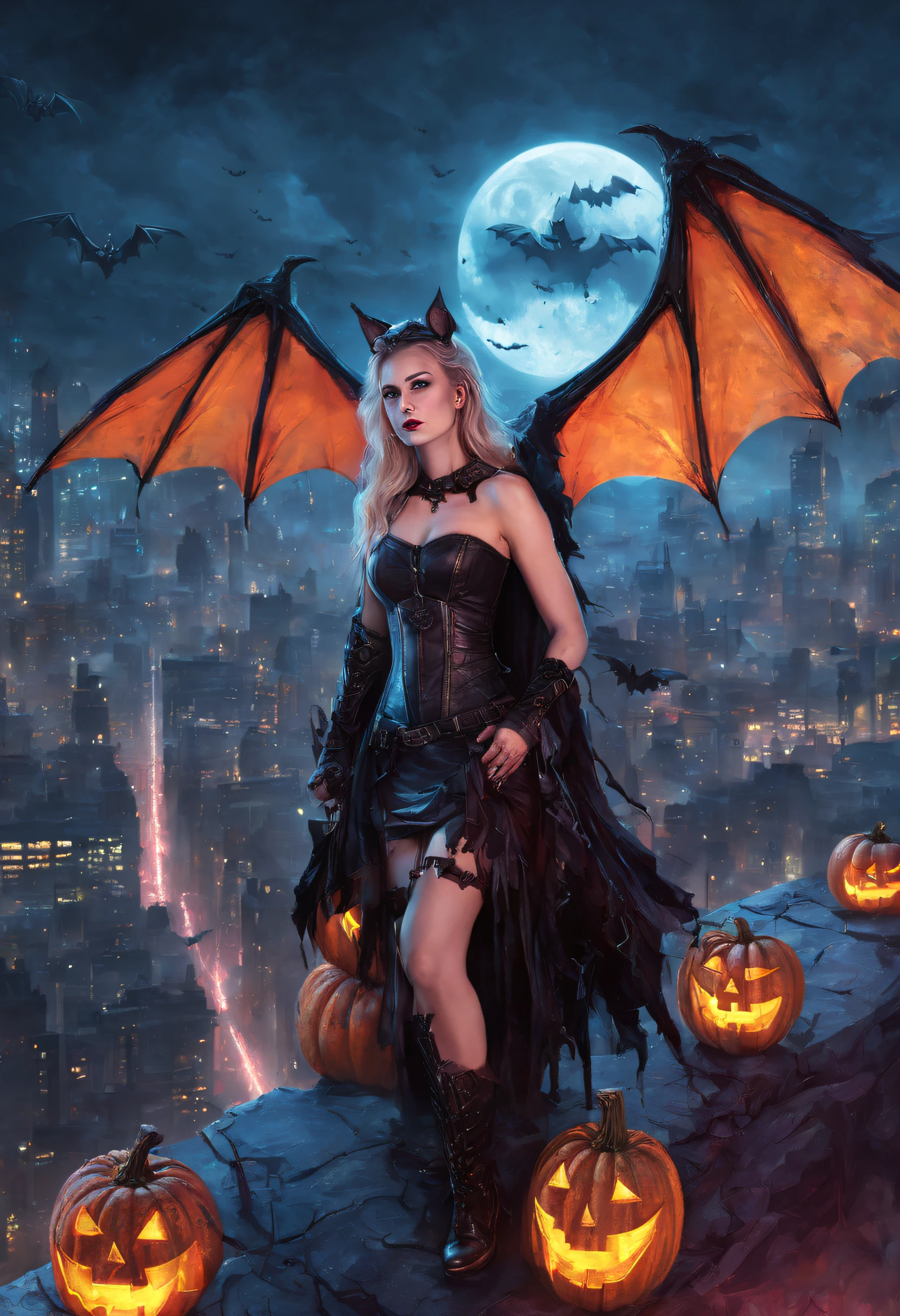 high high quality,Best quality at best,Realiy,Super realistic,super detailing,tmasterpiece,A high resolution,8K,Very realistic,(halloween night:1.6),red - eyed,Meniscus,Red Moon,borgar,(pumpkins:1.5),Bat close-up,hag, 独奏, Dark black cloak,gothic art style,((Bat wings)),Epic fantasy digital art style,A noble and elegant girl, dark fantasy style art, Epic fantasy art style, , dark fantasy art style, Epic fantasy art style HD, dark fantasy digital art,"Artistic image type: {Perched on top of cybernetics dragons, Girl investigates the huge cyber metropolis below. Infused with neon lights, Contrast her technically enhanced body, Embedded LEDs and retractable technology weapons shine. In a striking pose, She seemed ready to act, A fusion of ancient legends and visions of the future}, Excellent location,with city view, (Vibrant neon lighting:1.5), (Digital painting:1.25), (4K:1.2). environment: panoramic view of a city,Bats fly across the skyline."