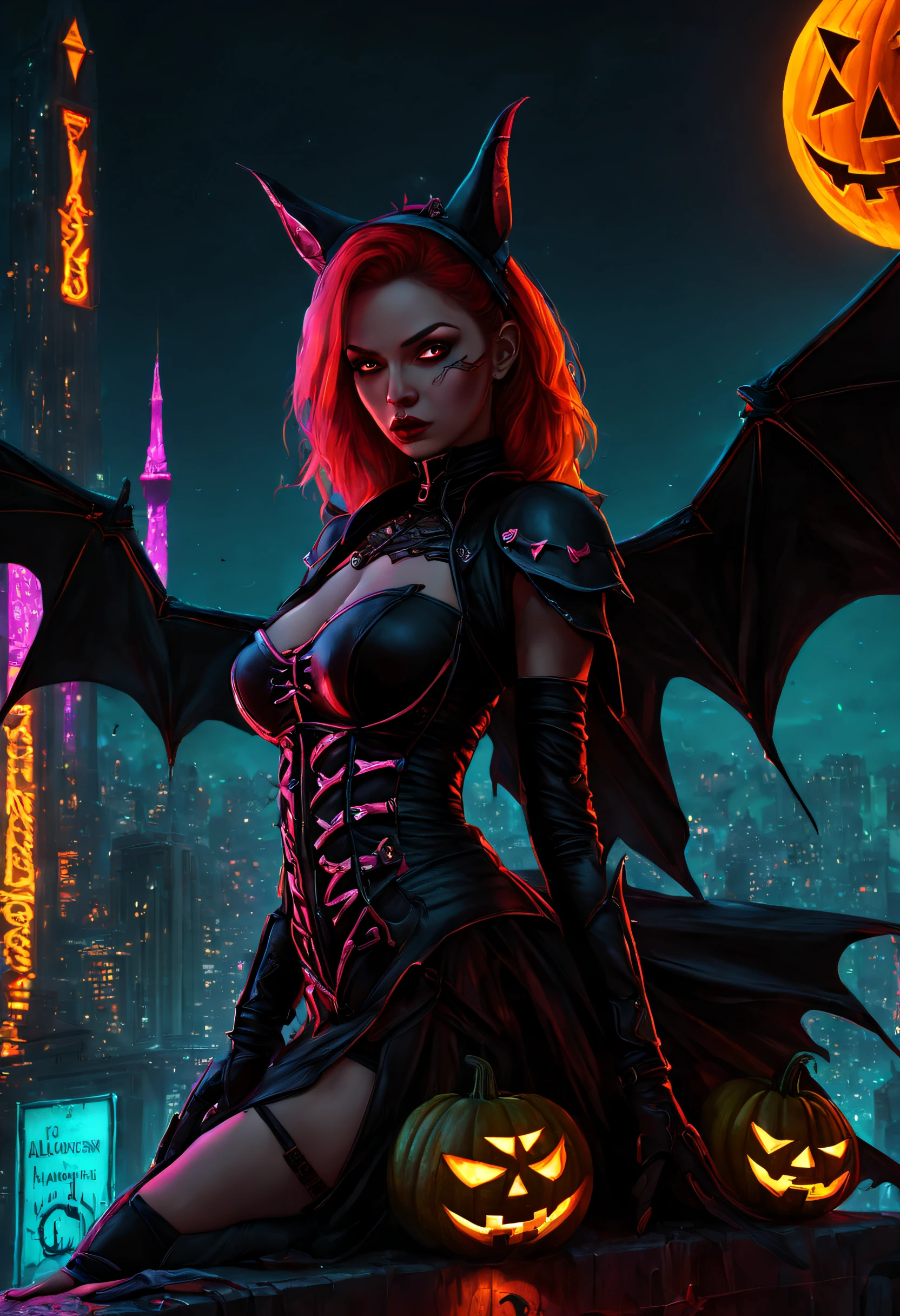 high high quality,Best quality at best,Realiy,Super realistic,super detailing,tmasterpiece,A high resolution,8K,Very realistic,(halloween night:1.6),red - eyed,Meniscus,Red Moon,borgar,(pumpkins:1.5),Bat close-up,hag, 独奏, Dark black cloak,gothic art style,((Bat wings)),Epic fantasy digital art style,A noble and elegant girl, dark fantasy style art, Epic fantasy art style, , dark fantasy art style, Epic fantasy art style HD, dark fantasy digital art,"Artistic image type: {Perched on the top of the cybernetic dragon, Girl investigates the huge cyber metropolis below. Infused with neon lights, Contrast her technically enhanced body, Embedded LEDs and retractable technology weapons shine. In a striking pose, She seemed ready to act, A fusion of ancient legends and visions of the future}, Excellent location,with city view, (Vibrant neon lighting:1.5), (Digital painting:1.25), (4K:1.2). environment: panoramic view of a city,Bats fly across the skyline."