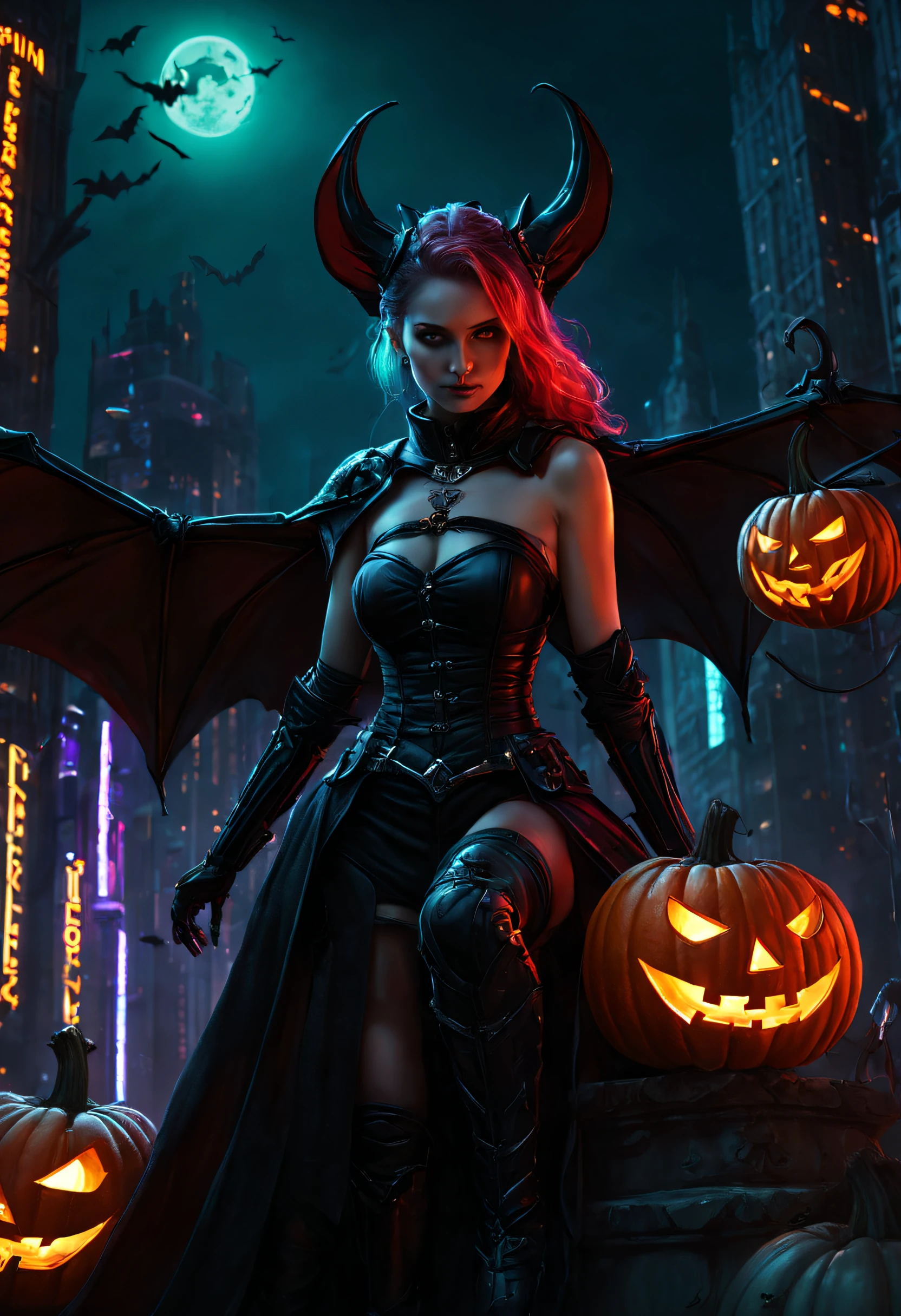 high high quality，Best quality at best，Realiy，Super realistic，super detailing,tmasterpiece，A high resolution，8K，Very realistic，(halloween night:1.6),red - eyed，Meniscus，Red Moon，borgar，(pumpkins:1.5)，Bat close-up，hag， 独奏， Dark black cloak，gothic art style，((Bat wings))，Epic fantasy digital art style,A noble and elegant girl, dark fantasy style art, Epic fantasy art style, , dark fantasy art style, Epic fantasy art style HD, dark fantasy digital art，"Artistic image type: {Perched on the top of the cybernetic dragon, Girl investigates the huge cyber metropolis below. Infused with neon lights, Contrast her technically enhanced body, Embedded LEDs and retractable technology weapons shine. In a striking pose, She seemed ready to act, A fusion of ancient legends and visions of the future}, Excellent location，with city view, (Vibrant neon lighting:1.5), (Digital painting:1.25), (4K:1.2). environment: panoramic view of a city，Bats fly across the skyline."