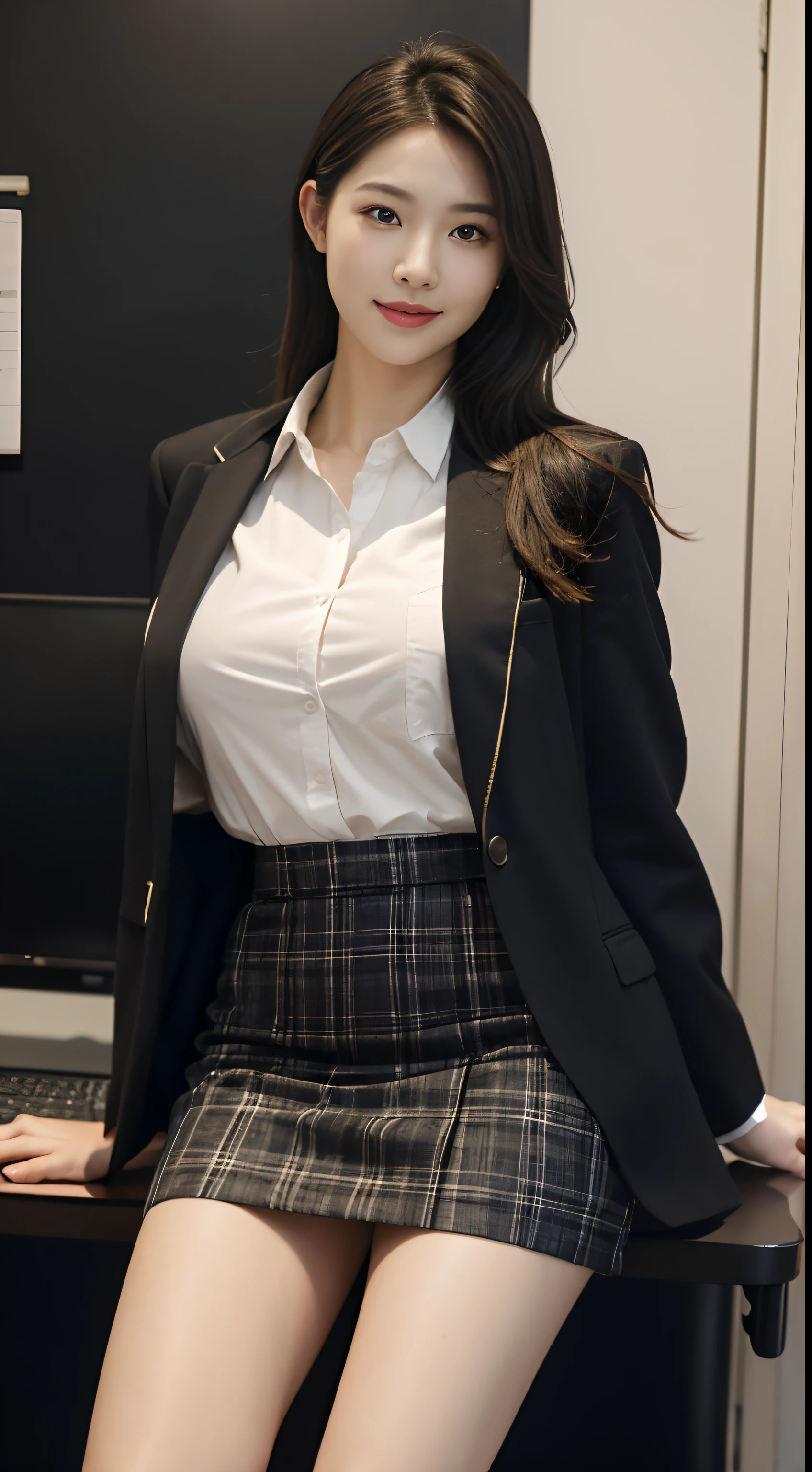 Masterpiece, Best quality, (Realistic, photo-realistic:1.37), 8K, An extremely delicate and beautiful, Amazing, finedetail, offcial art, absurderes, unbelievable Ridiculous, hugefilesize, Ultra-detailed, Extremely detailed,(Realistic skin), Beautiful and delicate girl, 1girll, (perfect women figure),full body pov, mediuml breasts,Wear a business shirt and suit,short skirt,Wear black fishnet socks,office room,ssmile