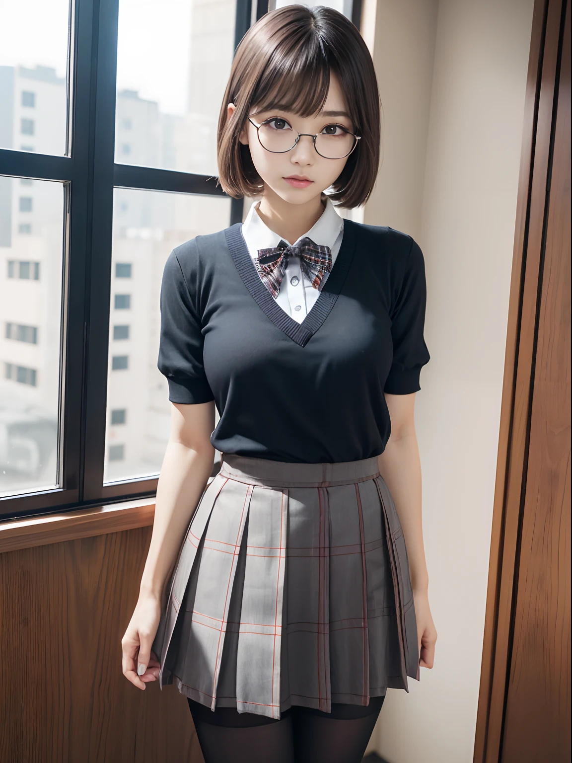 (Long bob cut),(Underwear is visible)、((Narrow-eyed))、((Narrow-eyed))、((Narrow-eyed))、(8K、Raw photography、top-quality、masterpiece:1.2),((small tits))、((small tits))、((small tits))、((small tits))、((small tits))、((A-cup))、((A-cup))、((A-cup))、((A-cup))、((A-cup))、Has a small、(flat breast)、(flat breast)、(flat breast)、(flat breast)、(flat breast)、(being thin)、light skinned、skin whitening、Dark look、Rasping,glamor,Chromo-white skin,cocky,School,watching at viewers,Looking at the front,Muchimuchi,High-pitched clothing,Erotic,Pupils,de pele branca,kne,((Black pantyhose)),absurderes,a small face,,Forehead visible,Bangs hanging from the left and right sides of the forehead,(a cold expression,Tight eyes,glares,Bullish,irate)、masterpiece,top-quality、超A high resolution,Raw photo,ren,Beautiful fece,One Person, 独奏,eye glass,,Dark look,Small breasts,fullllbody,Round glasses,JK school uniform,hi-school girl,A Japanese Lady,is standing,(Photorealsitic:1.37)、Photon mapping,Realistic、Beautie,Cute little face,Brown-eyed、Black socks、(Red bow tie)、Radio City、Physically Based Rendering、depth of fields、Blurry background、a picture,Body,beauty legs, Long legs, Thin leg,(Bangs are visible), hair, s lips, Blue_The eye, nosesoft,(Light blue shirt), (Navy and blue and white plaid pleated skirt), Knees are visible,Sheer clothing,, Thigh, Black cotton socks,Nogizaka Idol, 女優, Japanese ido