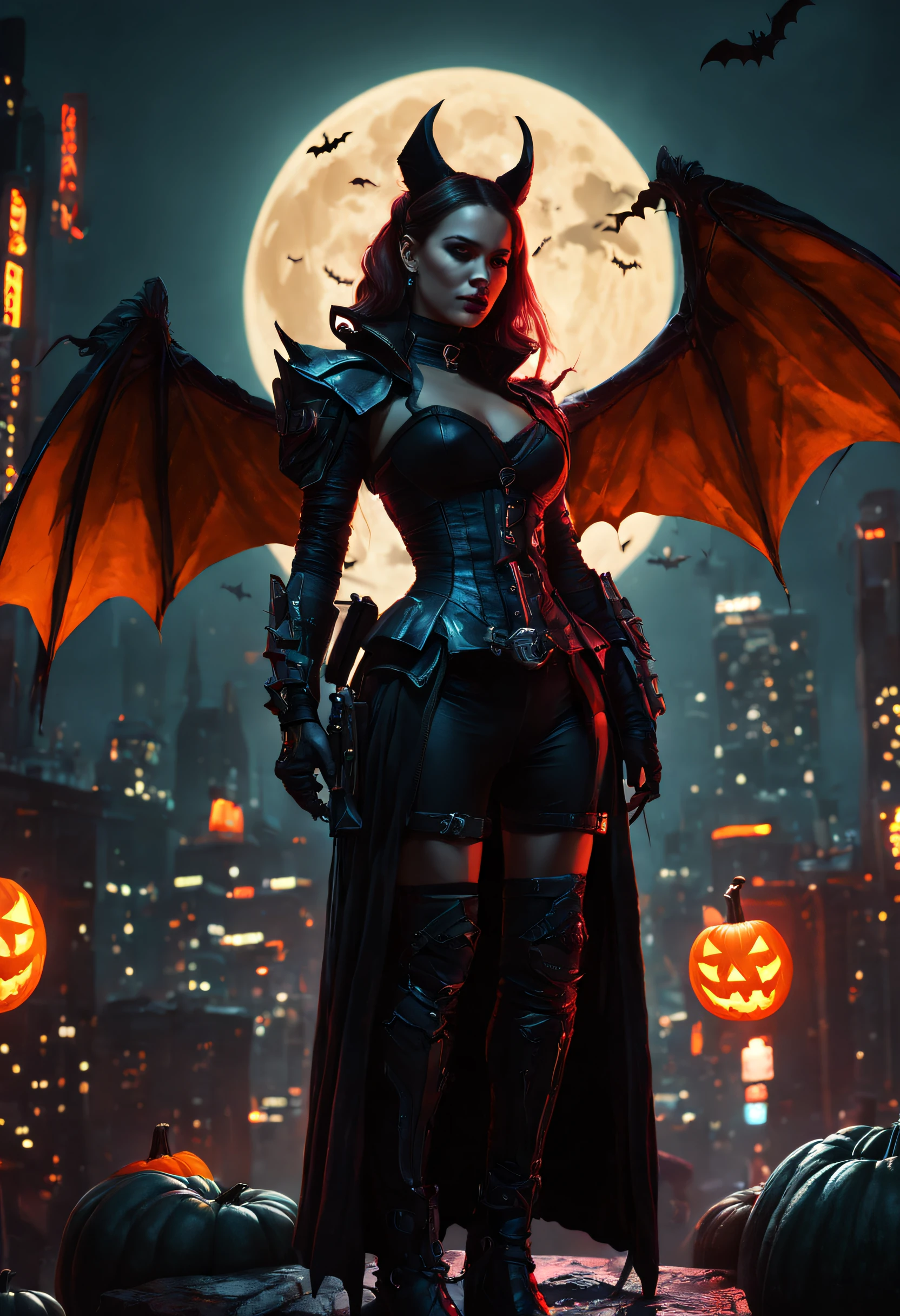 high high quality，Best quality at best，Realiy，Super realistic，super detailing,tmasterpiece，A high resolution，8K，Very realistic，(halloween night:1.6),red - eyed，Meniscus，Red Moon，borgar，(pumpkins:1.5)，Bat close-up，hag， 独奏， Dark black cloak，gothic art style，((Bat wings))，Epic fantasy digital art style,A noble and elegant girl, dark fantasy style art, Epic fantasy art style, , dark fantasy art style, Epic fantasy art style HD, dark fantasy digital art，"Artistic image type: {Perched on top of cybernetics dragons, Girl investigates the huge cyber metropolis below. Infused with neon lights, Contrast her technically enhanced body, Embedded LEDs and retractable technology weapons shine. In a striking pose, She seemed ready to act, A fusion of ancient legends and visions of the future}, Excellent location，with city view, (Vibrant neon lighting:1.5), (Digital painting:1.25), (4K:1.2). environment: panoramic view of a city，Bats fly across the skyline."