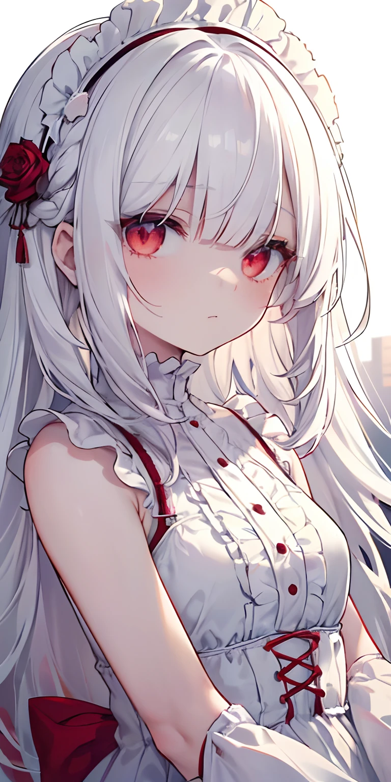 (limited palette), Best quality, (((Masterpiece))), (((Beautiful detailed hair))), (((beautiful detailed skin))), Solo, , Younger, Loli, (((White hair))), Red eyes, (mascara), Blunt bangs, ((Hair over eyes)), Long hair, Medium breasts, Frilled white dress, White frills, Too much decoration, Rose, Noble, setia, The bride hair, (((Eye focus))), (((Expressionless))), The background is blurred out, Empty eyes, Blank eyes, (Red theme), bedroom background, view the viewer, (((hair tucking))), (((Night))), Semi-closed Eyes, Close-up, (((hair adornments))), Upright body, Neatly cut bangs, Braided hair at the back of your head, Sleeveless dress,