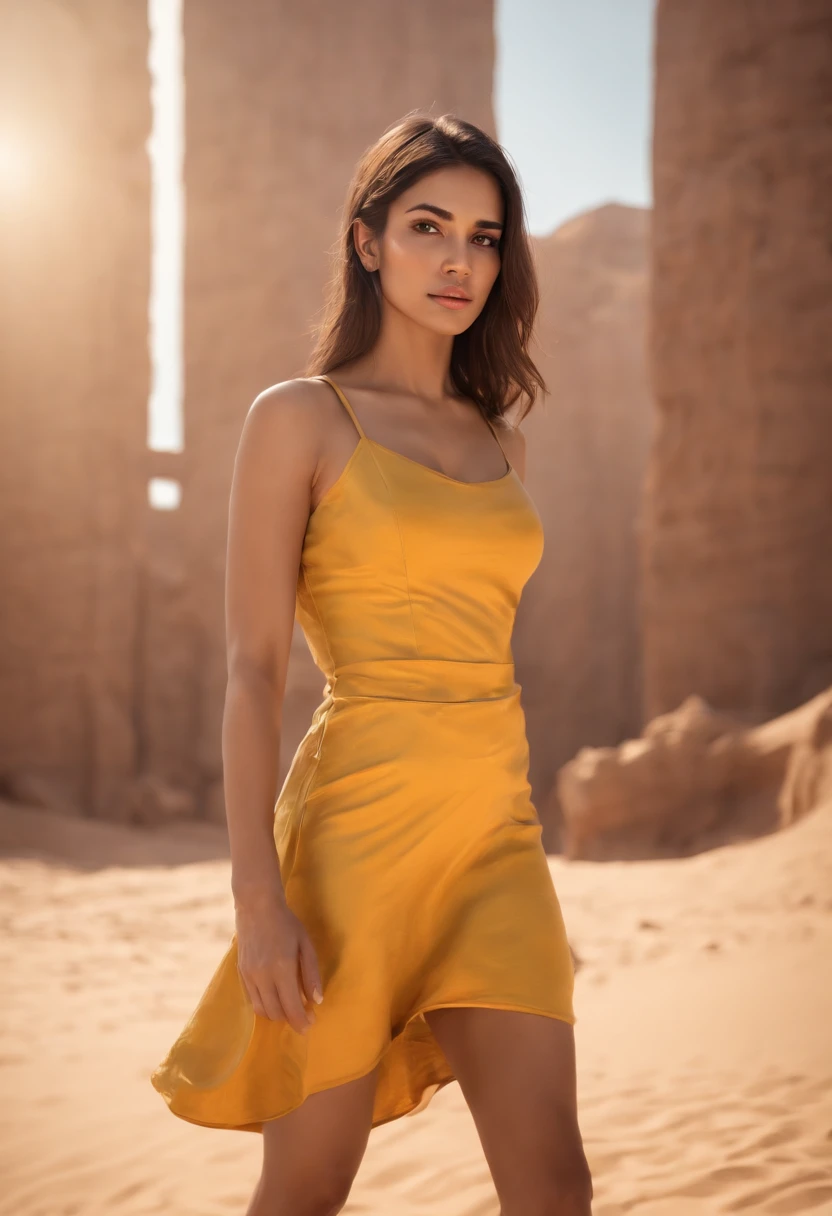 a Hispanic woman, in a short yellow dress incorporated into a cyberpunk setting, rendered at maximum 8K quality, in an ultra realistic photo style, emphasis on fine details and vibrant colors, use of realistic light and shadow effects with RTX, post-processing of applications for sand and dust effects, ultra quality, conceptual art-like stylization, focus on dramatic lighting and color contrast, hyper-realistic texture detailing, using Ray Tracing technology and volumetric lighting, post-processing application for desert atmosphere sandy, 4:3 format, maximum quality,