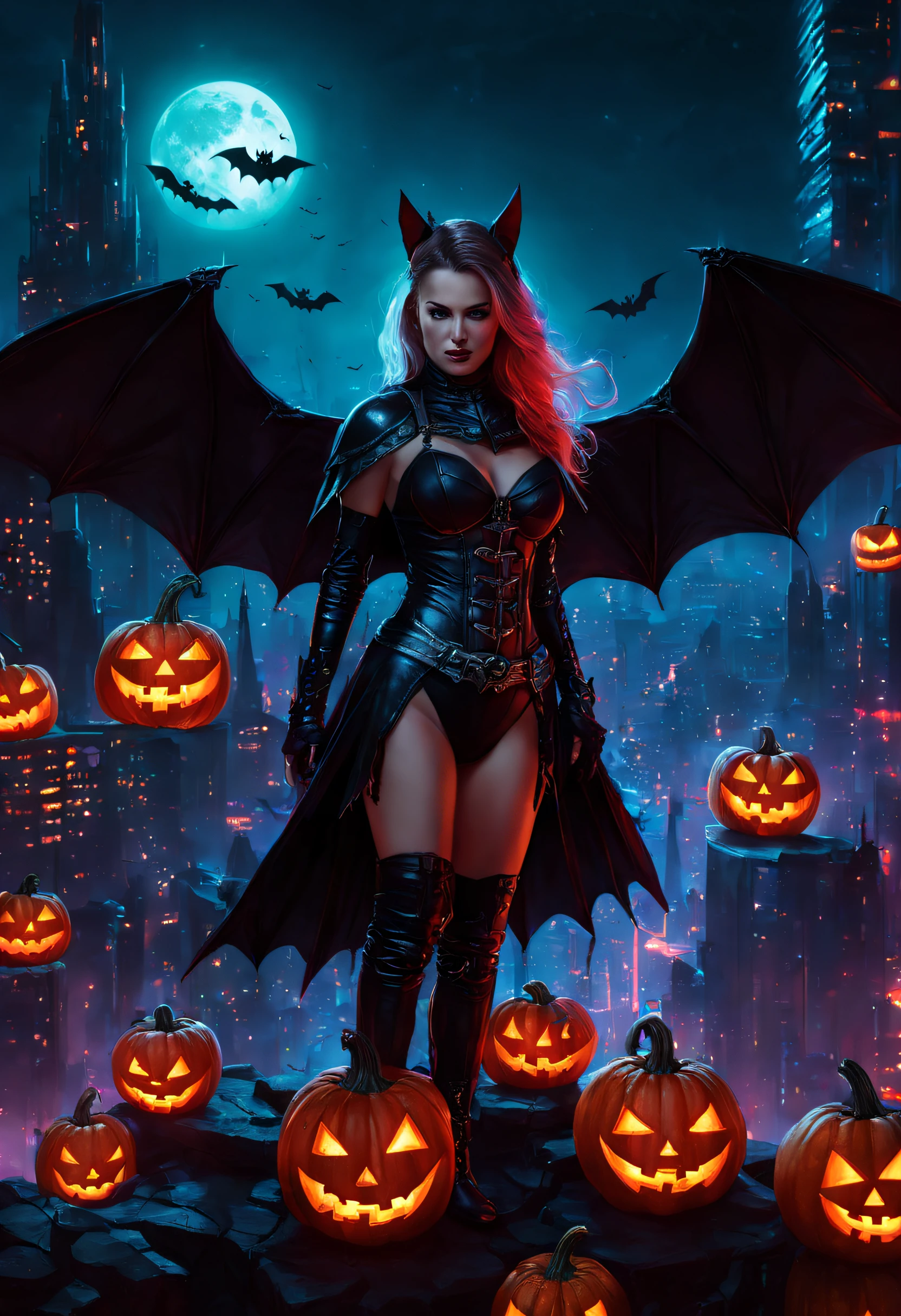 high high quality,Best quality at best,Realiy,Super realistic,super detailing,tmasterpiece,A high resolution,8K,Very realistic,(halloween night:1.6),red - eyed,Meniscus,Red Moon,borgar,(pumpkins:1.5),Bat close-up,hag, 独奏, Dark black cloak,gothic art style,((Bat wings)),Epic fantasy digital art style,A noble and elegant girl, dark fantasy style art, Epic fantasy art style, , dark fantasy art style, Epic fantasy art style HD, dark fantasy digital art,"Artistic image type: {Perched on top of cybernetics dragons, Girl investigates the huge cyber metropolis below. Infused with neon lights, Contrast her technically enhanced body, Embedded LEDs and retractable technology weapons shine. In a striking pose, She seemed ready to act, A fusion of ancient legends and visions of the future}, Excellent location,with city view, (Vibrant neon lighting:1.5), (Digital painting:1.25), (4K:1.2). environment: panoramic view of a city,Bats fly across the skyline."