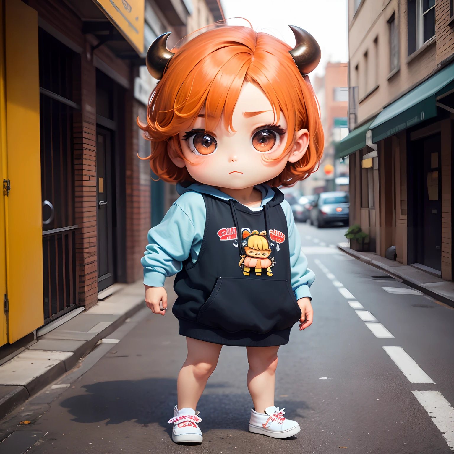 ​masterpiece、top-quality、ultra-detailliert、(Chibi Chara Buffalo:1.3)、The Man with the Buffalo Face, Solo、Street fashion、espadrilles、Full-body standing figure、Fighting