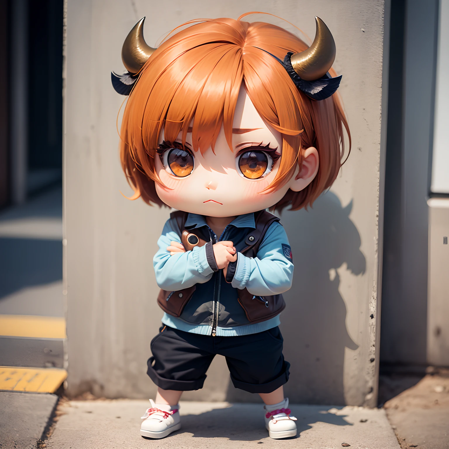 masterpiece、top-quality、ultra-detailliert、(Chibi Chara Buffalo:1.3)、The Man with the Buffalo Face, Solo、Street fashion、espadrilles、Full-body standing figure、Fighting
