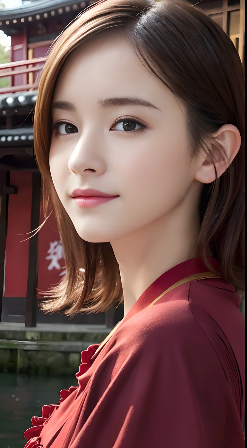 (A hyper-realistic), (hight resolution), (8K), (ighly detailed),  (beatiful detailed eyes), (top-quality), (ultra-detailliert), (​masterpiece), (A detailed face), softfocus、face of emma watson、Colossal tits、japanes、Background of Taiwan Jiufen、Red Building、Taiwanese traditional costume、A smile、