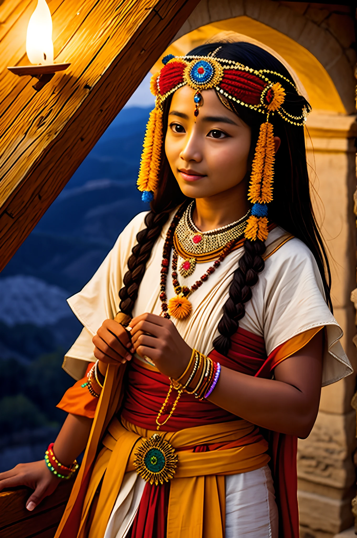 like a story is being told based on the following: In her quest for spiritual fulfillment, Mirabai eventually renounced the material world and embarked on a journey as a wandering ascetic. She traveled to various pilgrimage sites, composing and singing her devotional songs along the way. Mirabai's journey symbolized her complete surrender to the divine and her detachment from worldly attachments, no animals, ancient Indian Rajasthani paintings, No glitch, Pure, appropriate outfit, Saint, Bright colors, Sadhu, Bhakti