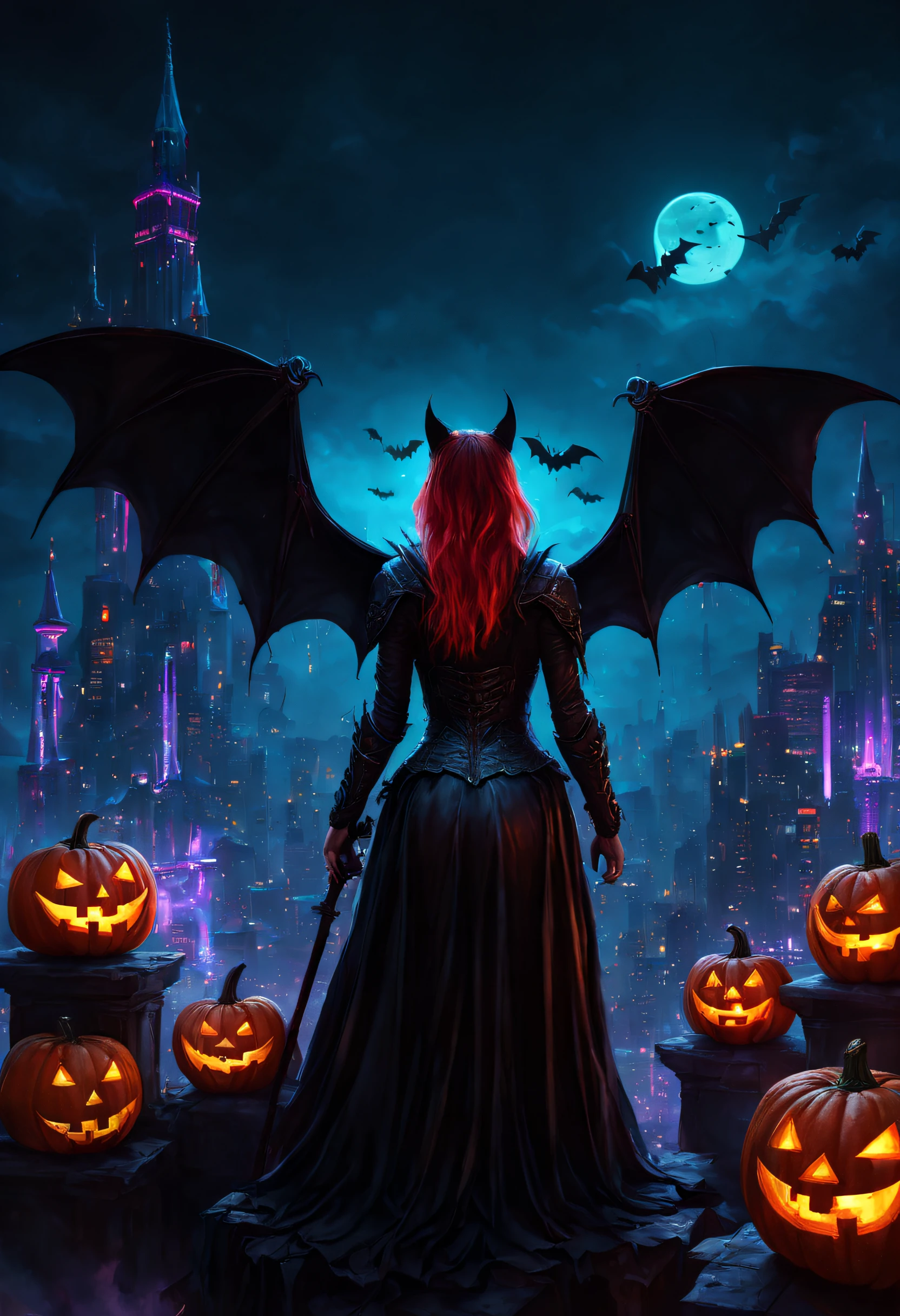 high high quality，Best quality at best，Realiy，Super realistic，super detailing,tmasterpiece，A high resolution，8K，Very realistic，(halloween night:1.6),red - eyed，Meniscus，Red Moon，borgar，(pumpkins:1.5)，Bat close-up，hag， 独奏， Dark black cloak，gothic art style，((Bat wings))，Epic fantasy digital art style,A noble and elegant girl, dark fantasy style art, Epic fantasy art style, , dark fantasy art style, Epic fantasy art style HD, dark fantasy digital art，"Artistic image type: {Perched on top of cybernetics dragons, Girl investigates the huge cyber metropolis below. Infused with neon lights, Contrast her technically enhanced body, Embedded LEDs and retractable technology weapons shine. In a striking pose, She seemed ready to act, A fusion of ancient legends and visions of the future}, Excellent location，with city view, (Vibrant neon lighting:1.5), (Digital painting:1.25), (4K:1.2). environment: panoramic view of a city，Bats fly across the skyline."