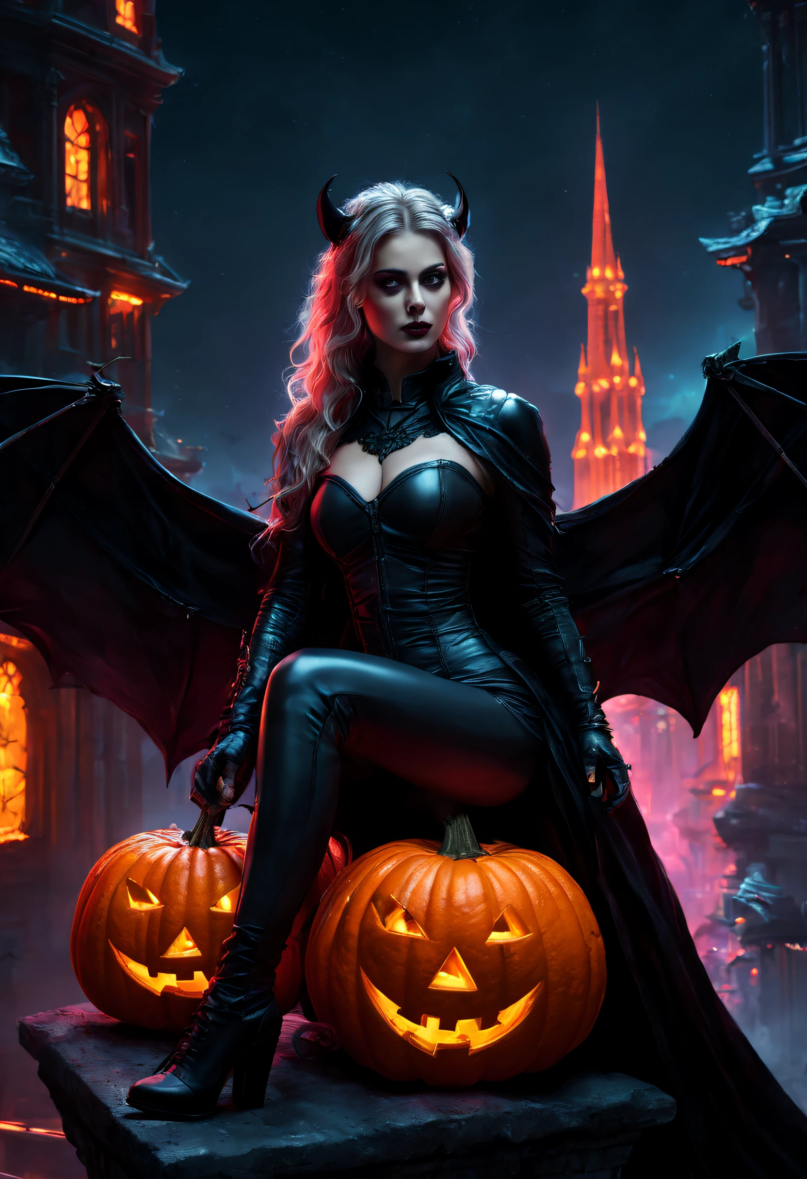 high high quality,Best quality at best,Realiy,Super realistic,super detailing,tmasterpiece,A high resolution,8K,Very realistic,(halloween night:1.6),red - eyed,Meniscus,Red Moon,borgar,(pumpkins:1.5),Bat close-up,hag, 独奏, Dark black cloak,gothic art style,((Bat wings)),Epic fantasy digital art style,A noble and elegant girl, dark fantasy style art, Epic fantasy art style, , dark fantasy art style, Epic fantasy art style HD, dark fantasy digital art,"Artistic image type: {Perched on the top of the cybernetic dragon, Girl investigates the huge cyber metropolis below. Infused with neon lights, Contrast her technically enhanced body, Embedded LEDs and retractable technology weapons shine. In a striking pose, She seemed ready to act, A fusion of ancient legends and visions of the future}, Excellent location,with city view, (Vibrant neon lighting:1.5), (Digital painting:1.25), (4K:1.2). environment: panoramic view of a city,Bats fly across the skyline."