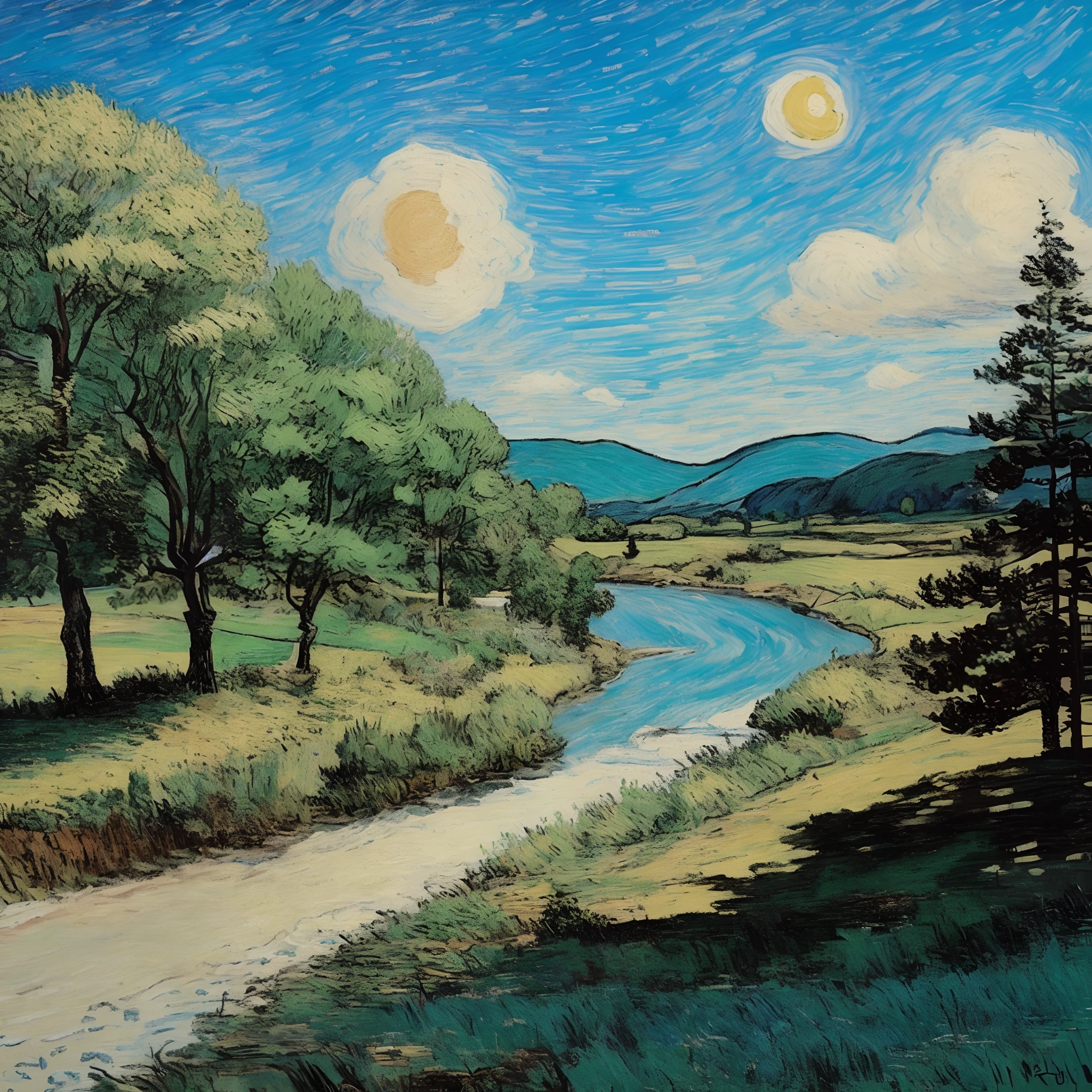 A painting of a river flowing through a lush green field, in the style of van gogh, Inspired by J. Aldenville, near a river, Van Gogh style, Inspired by Marianne von Werefkin, Inspired by Dwight William Tryon, In the style of Hans Thomas, van gogh art style, beside a river, Inspired by Van Gogh, in the style of van gogh
