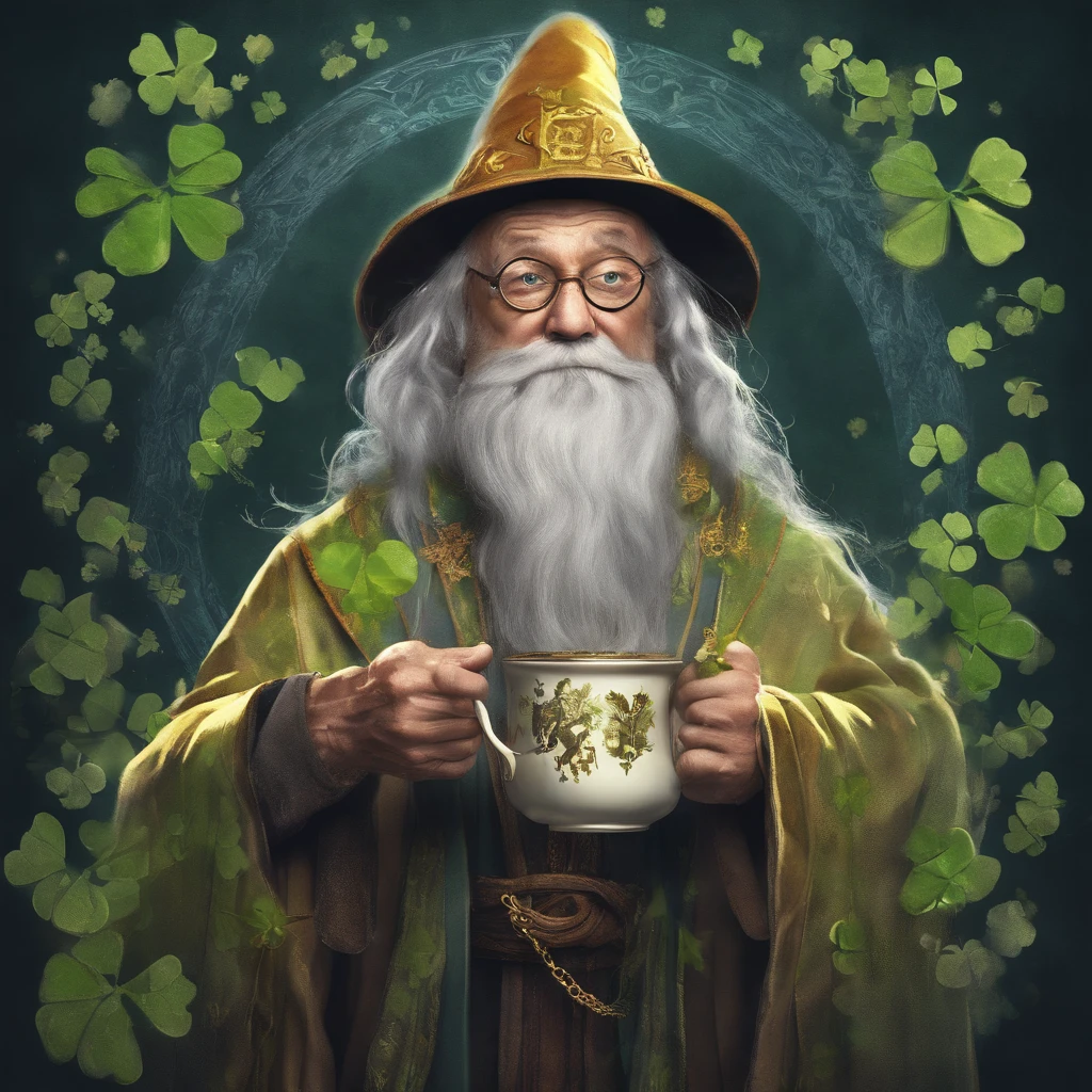 (Dynamic image of a old man in robes and two pair of glasses and wizard hat with tea leaves and four-leaf-clovers surrounding him, holding one of his hands outwards and the other holding a cup of tea, runes forms out of his palm, four leaf clover pin, long grey beard:1.5 )chiaroscuro, morning dew glow, sunrays, gandalf, wise, Wizard, high contrast, (natural skin texture, hyperrealism, soft light, sharp),(illustration:1.1), (extremely detailed CG,32k wallpaper:1.1), ((top quality, 32k, masterpiece: 1.3)), realistic lightning, magic runes on floor, floor, wall, magic runes on wall, ceiling, high ceiling, magic runes on ceiling, medieval high fantasy, golden fantasy, aetherpunk, breath of the wild, dungeons and dragons, dungeons & dragons, warlock,mage,wizard,sorcerer,the alliance, the alliance wow, TERA, stormwind, rings of power, lord of the rings, dalaran, communism, ahn'qiraj, spellcaster,