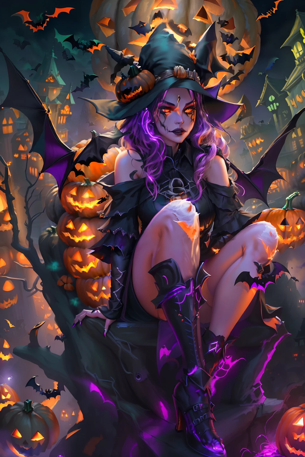 high high quality，Best quality at best，Realiy，Super realistic，super detailing,tmasterpiece，A high resolution，8K，Very realistic，(halloween night:1.6),red - eyed，Meniscus，Red Moon，borgar，(pumpkins:1.5)，Bat close-up，hag， 独奏， Dark black cloak，gothic art style，((Bat wings))，Epic fantasy digital art style,A noble and elegant girl, dark fantasy style art, Epic fantasy art style, , dark fantasy art style, Epic fantasy art style HD, dark fantasy digital art，"Artistic image type: {Perched on the top of the cybernetic dragon, Girl investigates the huge cyber metropolis below. Infused with neon lights, Contrast her technically enhanced body, Embedded LEDs and retractable technology weapons shine. In a striking pose, She seemed ready to act, A fusion of ancient legends and visions of the future}, Excellent location，with city view, (Vibrant neon lighting:1.5), (Digital painting:1.25), (4K:1.2). environment: panoramic view of a city，Bats fly across the skyline."