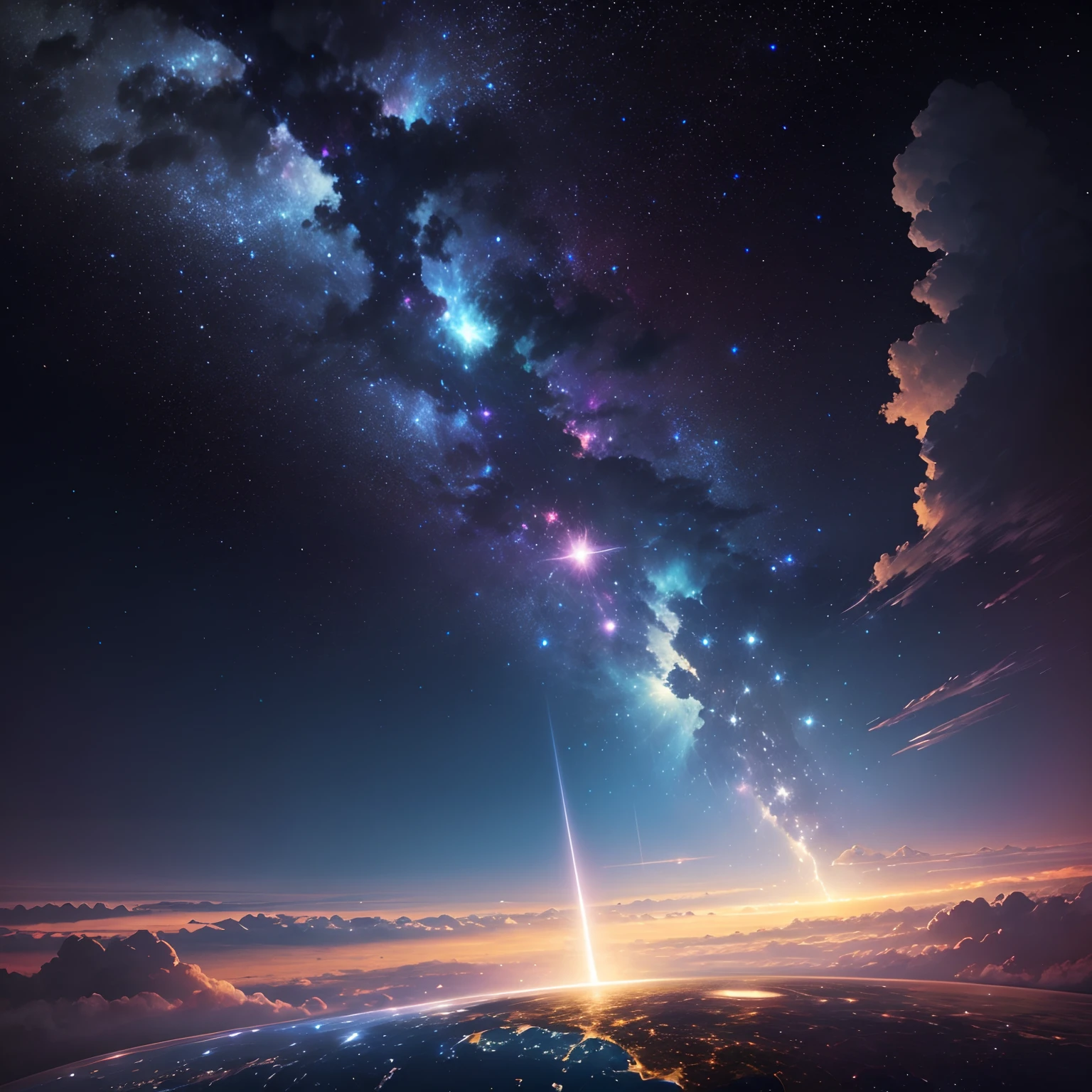 A vibrant world like a sparkling universe. Imagine an atmosphere that reflects the brilliance and vastness of the universe. Many twinkling stars in the distance, Eta、Pale thick lightning falling straight from heaven,
