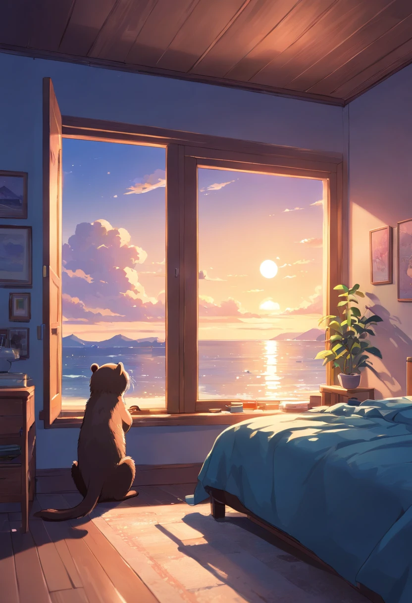 (Best quality,highr:1.2),Fotorrealista,stickfigure,anime big breast,Cute little sea otter,(natta,Moonlight poured in from the small sea otter's bedroom window,Illuminate a corner of the room)