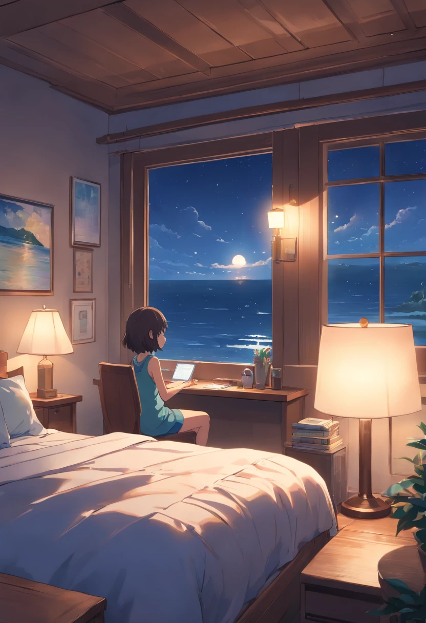(Best quality,highr:1.2),Fotorrealista,stickfigure,anime big breast,Cute little sea otter,(natta,Moonlight poured in from the small sea otter's bedroom window,Illuminate a corner of the room)