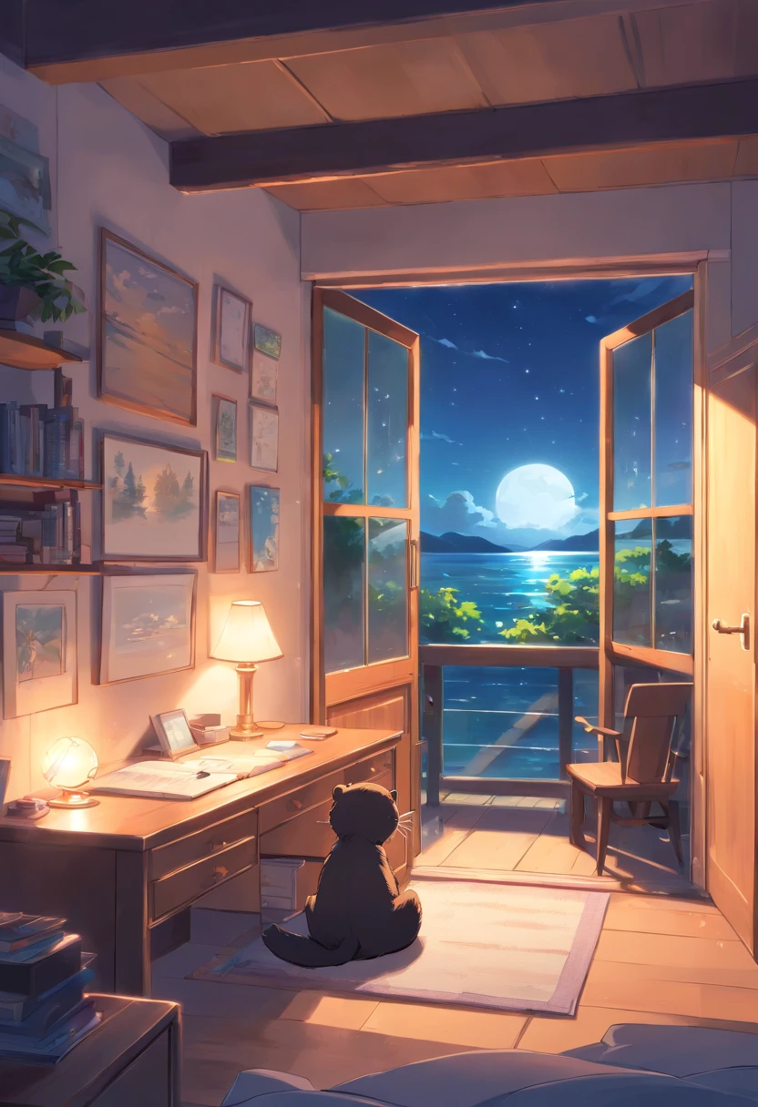 (Best quality,highr:1.2),Fotorrealista,stickfigure,anime big breast,Cute little sea otter,(natta,Moonlight poured in from the small sea otter's bedroom window,Illuminate a corner of the room)