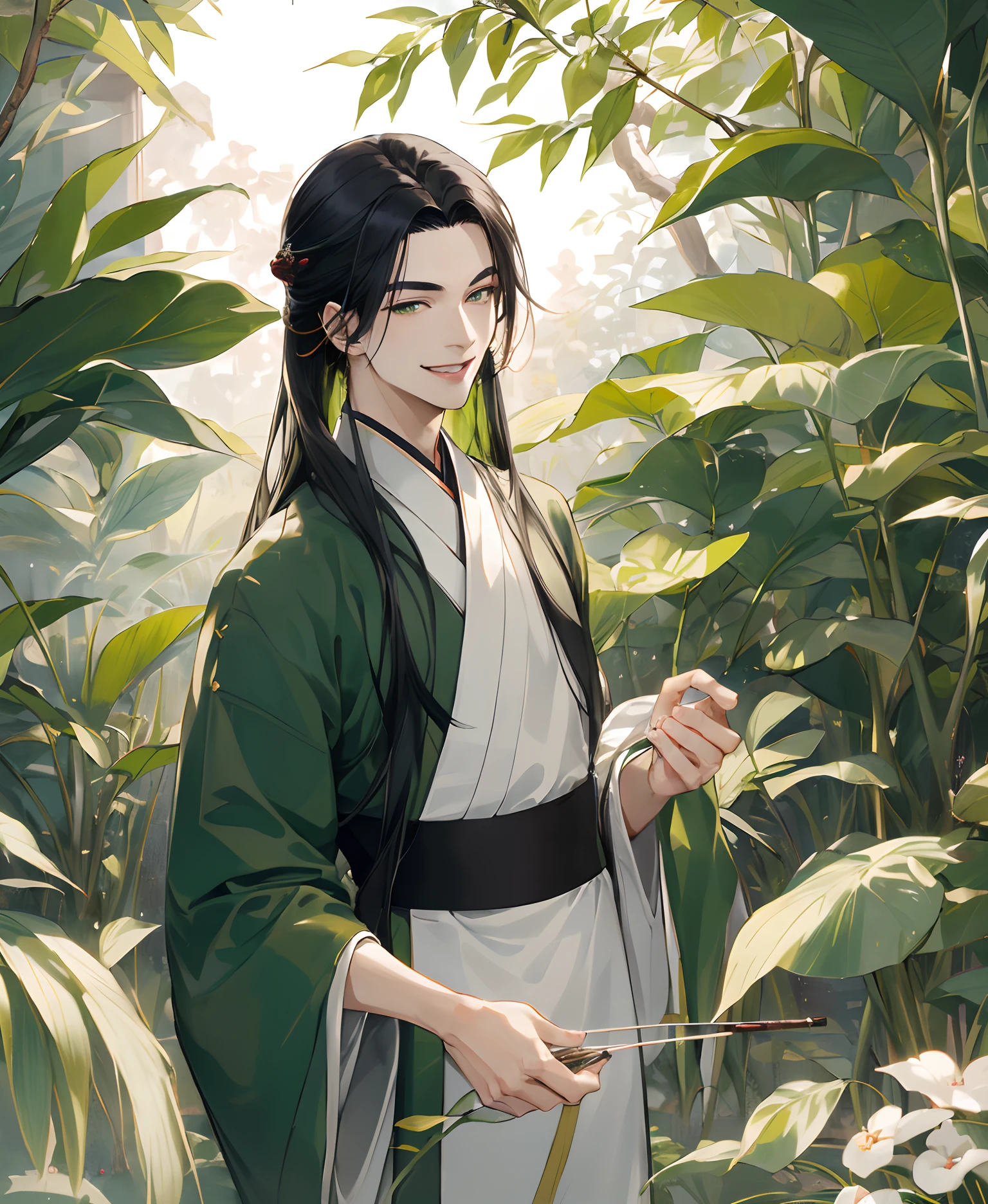 tmasterpiece,Ultra-sharp image quality,1 man,20yr old,Hanfu,Greet with a smile,Long black hair fluttering,Green eyes,Pale green Hanfu, Background with:Interior of the moonlit garden,