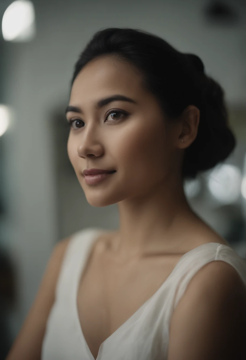 Young beautiful filipina working in a laboratory, making some experiments and using some equipment, hair over shoulder, black hair, brown hair, nervous smile, surprised, super detail, high details, best quality, 1080P