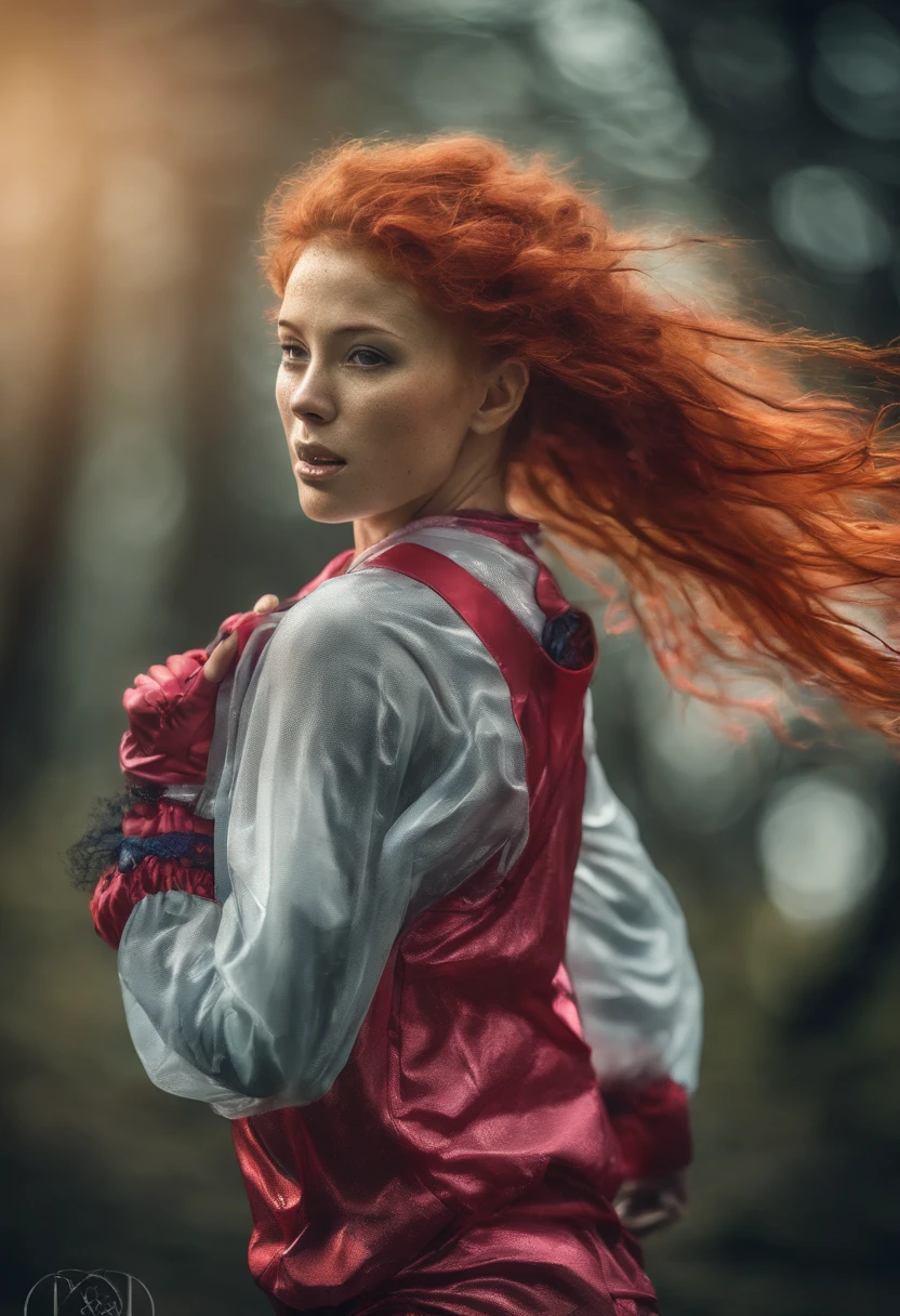 Closeup Shot 1 Young woman, frizzy red hair, running on track, Backlite lighting, ahegao, ponytails, (HDR:1.3), (muted colors:1.2), dramatic, complex, cinematic, filmic background, (Rutkowski, artstation: 0.8), wet, running suit, artistic nude, seductive look, provocative pose