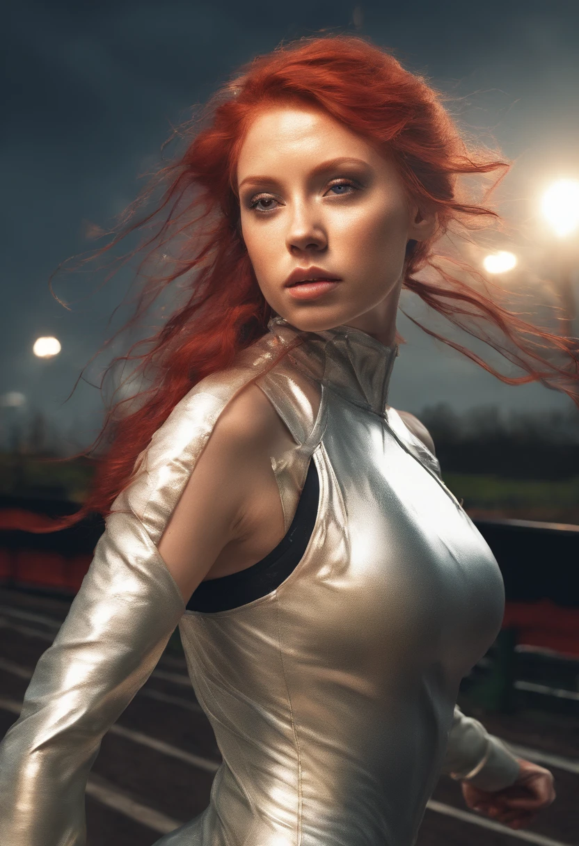 Closeup Shot 1 Young woman, frizzy red hair, running on track, Backlite lighting, ahegao, ponytails, (HDR:1.3), (muted colors:1.2), dramatic, complex, cinematic, filmic background, (Rutkowski, artstation: 0.8), wet, running suit, artistic nude, seductive look, provocative pose