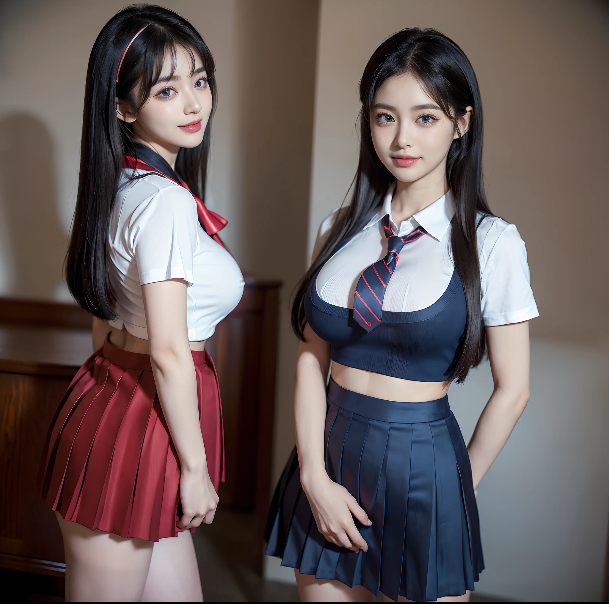 (top-quality)、 (masterpiece)、(profetional lighting)、 (Bewitching:1.5)、 (A hyper-realistic)、(Stylish:1.5), (intricate detailes)、 (Perfect anatomical depiction of the human body:1.2)、(Girl standing proudly in front of camera with chest turned、Another girl on the other side is pointing her ass at the camera:1.5), ( Huge breasts :1.6), (Bright whitening skin:1.5), (Beautiful bright blue eyes with dazzling squinting long eyelashes and red tear bags:1.5)、(shiny little lips:1.5)、 (Brunette's half-up hair shines in the backlight), (Wearing a micro mini skirt on a schoolgirl uniform:1.8)、(Girls' high school uniforms are very cramped due to large breasts, however、The upper body hides the skin without gaps、Eta、It is a design that beautifully complements the big buttocks.:1.8), (This is a photo taken with squinted eyes and a cute smile.:1.7), (Showing off her proud high school girl uniform from the front:2.2), (The other girl on the other side turned away、Showing off your proud super big ass from directly behind, Bend your hips to expose her ass:2.0), (the face is chubby:1.5), (A detailed face), (Perfect hands, Correct number of arms, Correct number of fingers, nice hand, Anatomically correct hand), (Shot in a garden full of flowers:1.6), irene1, shirt
