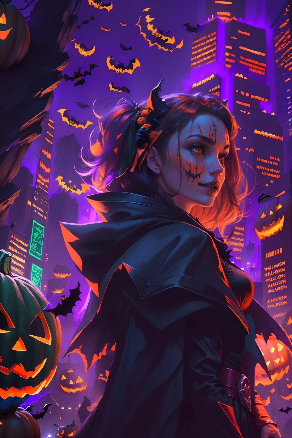 high high quality，Best quality at best，Realiy，Super realistic，super detailing,tmasterpiece，A high resolution，8K，Very realistic，(halloween night:1.6),red - eyed，Meniscus，Red Moon，borgar，(pumpkins:1.5)，Bat close-up，hag， 独奏， Dark black cloak，gothic art style，((Bat wings))，Epic fantasy digital art style,A noble and elegant girl, dark fantasy style art, Epic fantasy art style, , dark fantasy art style, Epic fantasy art style HD, dark fantasy digital art，"Artistic image type: {Perched on top of cybernetics dragons, Girl investigates the huge cyber metropolis below. Infused with neon lights, Contrast her technically enhanced body, Embedded LEDs and retractable technology weapons shine. In a striking pose, She seemed ready to act, A fusion of ancient legends and visions of the future}, Excellent location，with city view, (Vibrant neon lighting:1.5), (Digital painting:1.25), (4K:1.2). environment: panoramic view of a city，Bats fly across the skyline."