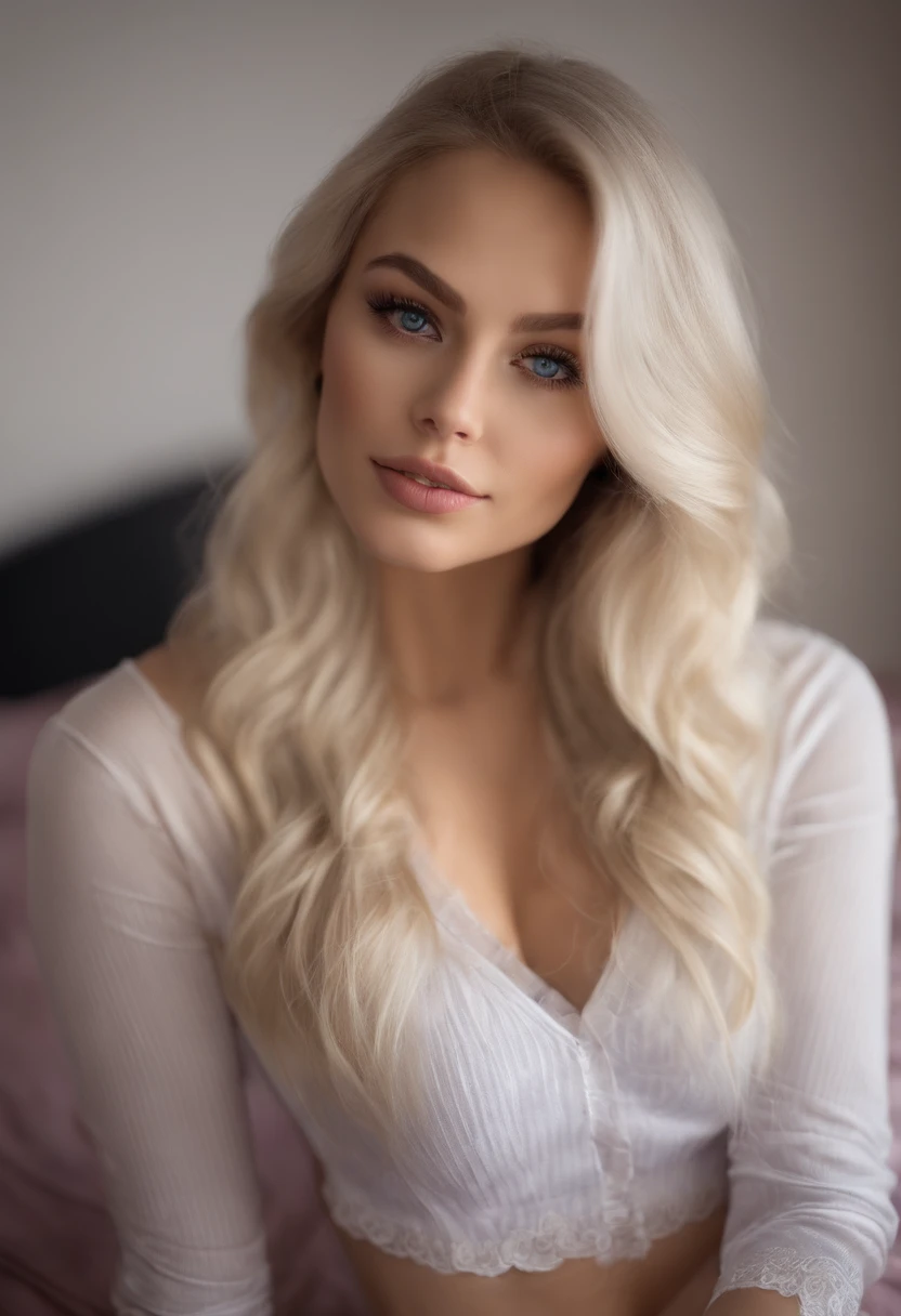 arafed frau voll , Sexy girl with blue eyes, ultra realistisch, Akribisch detailliert, portrait sophie mudd, blonde hair and large eyes, Selfie einer jungen Frau, Augen im Schlafzimmer, Violet Myers, ohne Make-up, Natural makeup, Blick direkt in die Kamera, Gesicht mit Artgram, dezentes Make-up, Stunning full body shot, die auf dem Bett kniet, im Schlafzimmer, medium to large bust size, realistisch