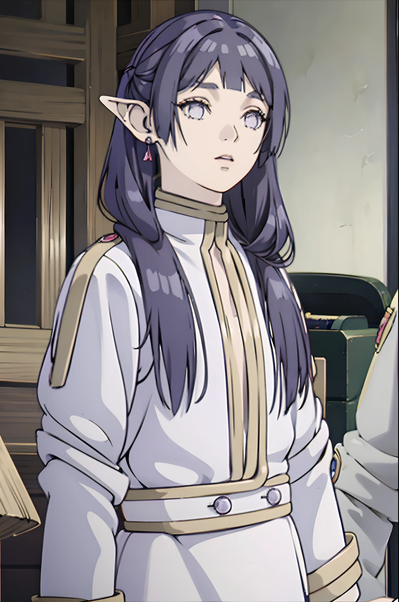 anime girl with dark blue hair and purple eyes standing in front of a building, anime visual of a cute girl, anime visual of a young woman, smooth anime cg art, female anime character, from girls frontline, stylized anime, girl with dark blue hair, girls frontline cg, detailed anime character art, young anime girl, fine details. girls frontline, long elf ears, blunt bangs, long twintails hair, hinata hyuga, hinata as frieren
