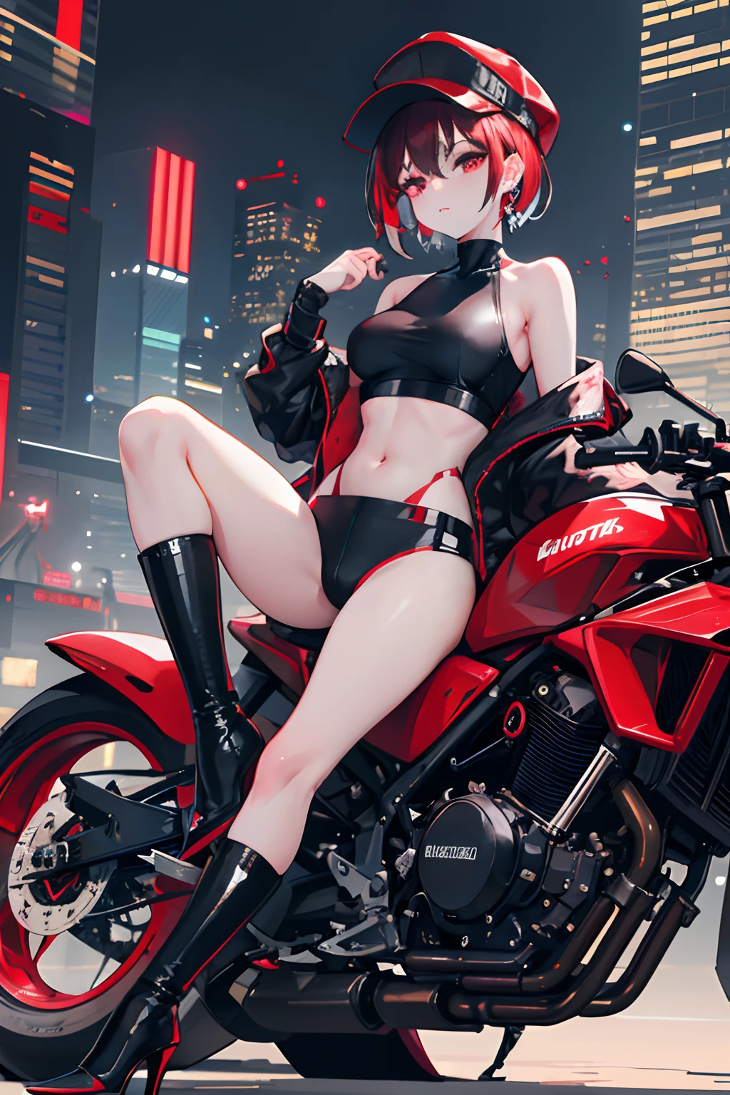 {{masterpiece,Best Work}},top-quality,Ultra-detailed CG Unity,8k wallpaper,lensflare, (Detailed beautiful eyes),Eyes looking down,Particle,Very short hair, Trimming the nape of the neck,,Cool Face,(Multicolored mechanical hair),Red Eyes,dark red hair,Red and blue earrings,Big,Bursting milk,abdominals,Oversized off-shoulder,Dark red、Black jacke,Dark red sticky top,Black leather pants,Black Cap with Batch,(perfectbody),Mechanical Bikes,(Large Motorcycles),Cyberpunk cityscape,cyberpunked,high heels boots.
