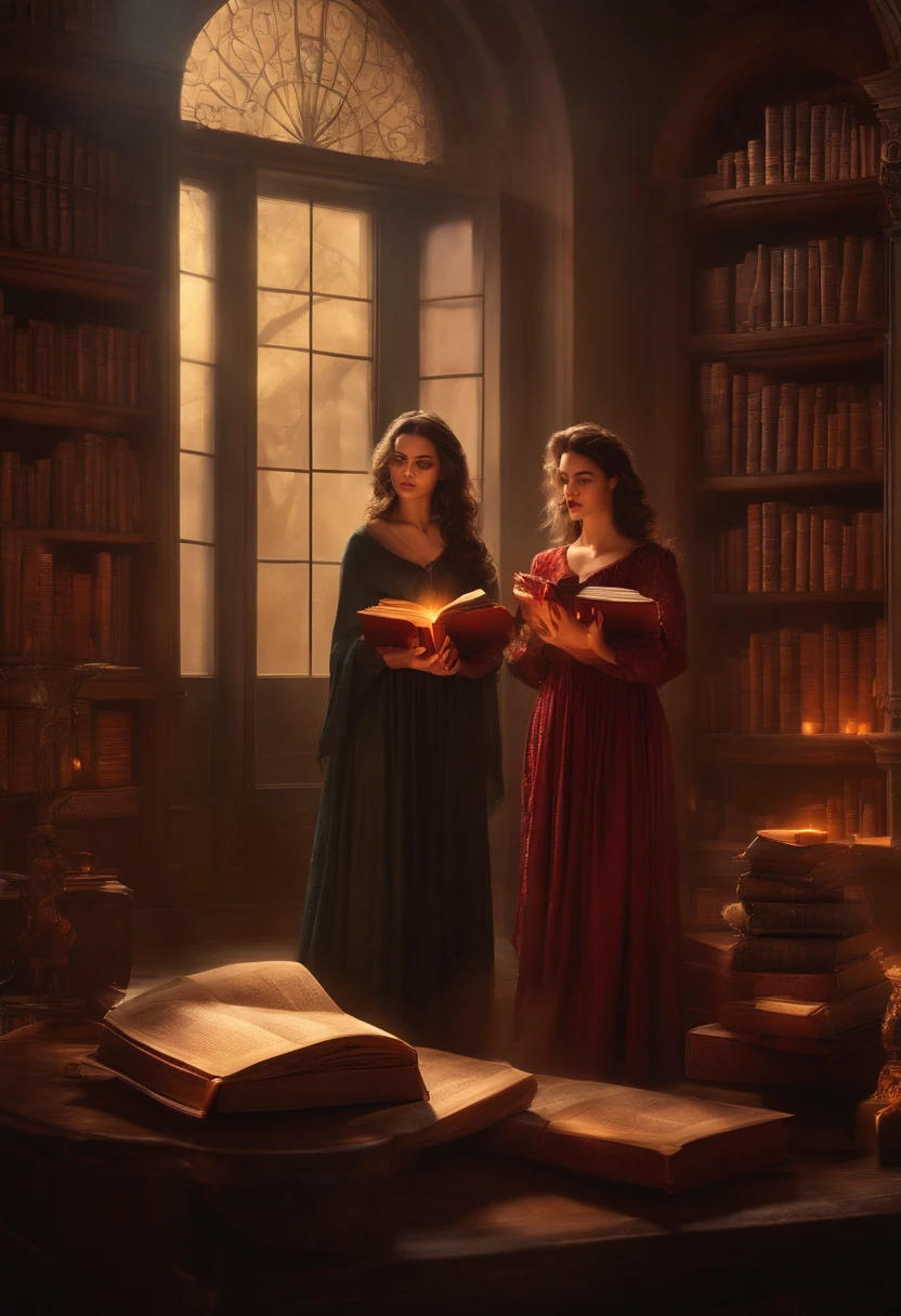 插圖, tres mujeres, son brujas, luchando contra un demonio, background of an old penthouse, They're standing in front of an old book reciting a spell