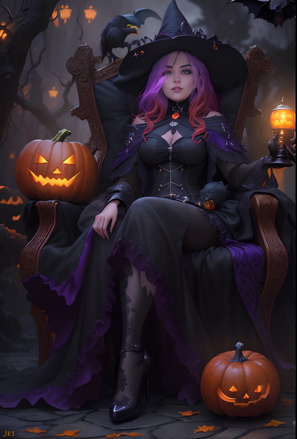 (tmasterpiece), (best qualtiy), Forcing Allah righteousness,Surrealist school of detailing,photorealestic, ultra - detailed, 16K resolution,(Halloween:1.1),hag, 独奏,Front light, cinematric light, cold light, mistic,red - eyed,Meniscus,Red Moon,borgar,pumpkins,the bats,fanciful, pumkin,The witch sat in Cadillo's chair,Holding a crow,Epic fantasy digital art style,, Rosla global lighting, Epic fantasy art style HD, artgerm julie bell beeple, artgerm and rossdraws, Fantasy wizard woman, Epic fantasy art style,gothic art style,dark fantasy style art, Epic fantasy art style,ultra-realistic realism,