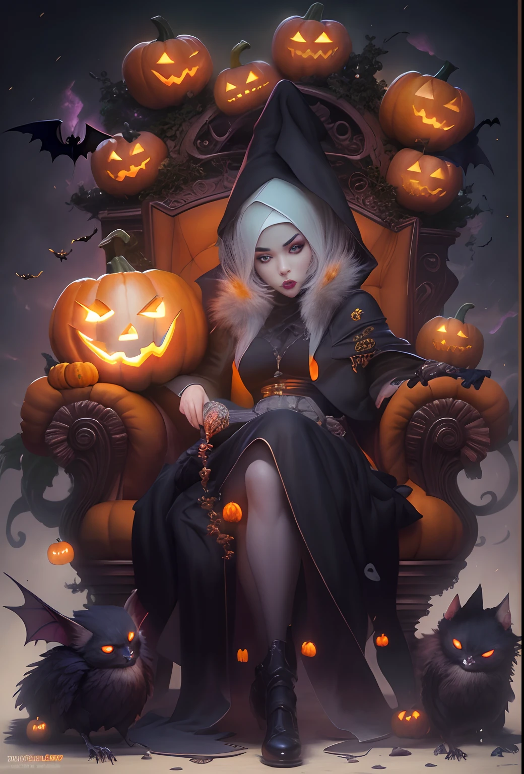 （tmasterpiece）， （best qualtiy）， Forcing Allah righteousness，Surrealist school of detailing，photorealestic， ultra - detailed， 16K resolution，(Halloween:1.1),hag， 独奏，Front light， cinematric light， cold light， mistic，red - eyed，Meniscus，Red Moon，borgar，pumpkins，the bats，fanciful， pumkin，The witch sat in Cadillo's chair，Holding a crow，Epic fantasy digital art style,, Rosla global lighting, Epic fantasy art style HD, artgerm julie bell beeple, artgerm and rossdraws, Fantasy wizard woman, Epic fantasy art style，gothic art style，dark fantasy style art, Epic fantasy art style,ultra-realistic realism，