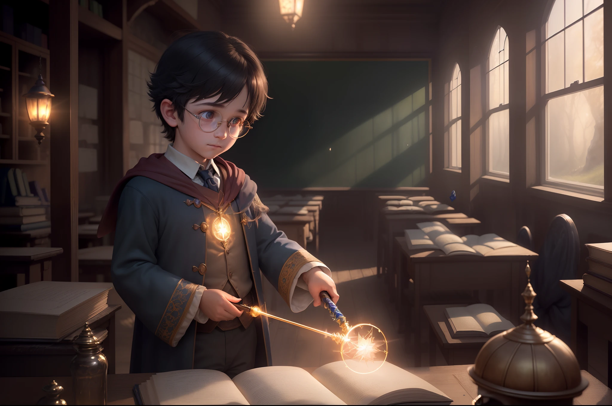 (best quality, 4k, high resolution, masterpiece: 1.2), ultra detailed, (realistic, photorealistic, photorealistic: 1.37),(A boy with round glasses standing in a classroom, holding a magic wand and casting intricate and powerful spells:1.4),(his friends look at him expectantly:1.3), Bright flashes of light illuminate the surroundings. The boy's eyes are filled with determination and concentration as he waves his wand with precision. The air is charged with magical energy, crackling and swirling around them. The classroom is filled with old books, potion bottles, and other magical artifacts. The walls are adorned with intricate tapestries depicting the history of magic. The atmosphere is mysterious and charming. The spells the boy casts are vivid and dynamic, creating stunning visual effects that captivate the viewer. The colors are rich and vibrant, with a hint of otherworldly shine. The lighting is spectacular, casting long shadows and highlighting the child's face with a magical glow. The scene radiates a sense of wonder and awe. The boy's intense concentration and the sheer power of the spells make it clear that he is a talented wizard, destined for great things. Image quality is excellent, with ultra-detailed textures and sharp focus. The artwork has a realistic yet fantastical feel, combining elements of digital illustrations and traditional paintings. The colors are carefully chosen to create a harmonious and magical atmosphere, with a touch of warmth and mystery. The scene is bathed in soft, natural light, which casts a soft glow on the surroundings. The overall composition and perspective draw the viewer into the magical world, evoking a sense of wonder and excitement, Tolkien style