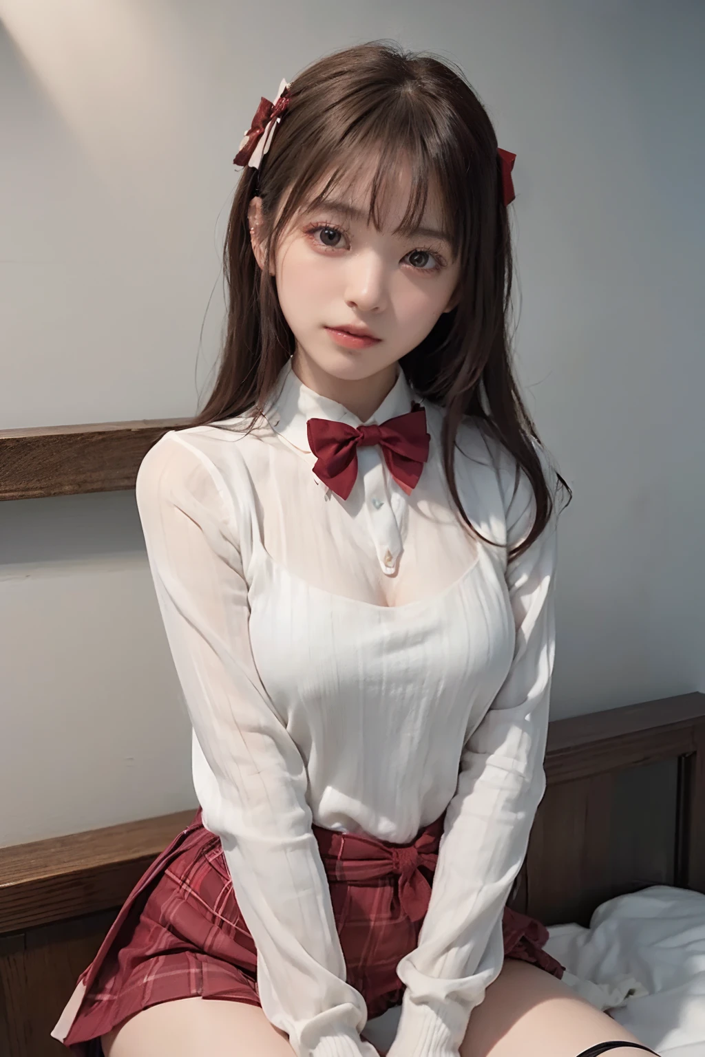 (masutepiece, small tits、Contrasting eyes、White Lace See-Through、legs up.Spread legs,Over Head Shot,Lie down、full body Esbian、Best Quality:1.2), 8K, Official art, Raw photo, unbelievable Ridiculous, (full body Esbian, Wear a turtleneck sweater、Sweater Lift、Beautiful nipple、Contrasting eyes、fullnude:1.4), Beautiful Girl, Idol face, arching back down, Pleated skirt, gardenia, violaceaess, Teen, crass room, Looking at Viewer, No makeup, Film grain, chromatic abberation, face lights, Dynamic lighting, Cinematic lighting, Detailed face, Bokeh background, (Dark red bow tie、:1.3)