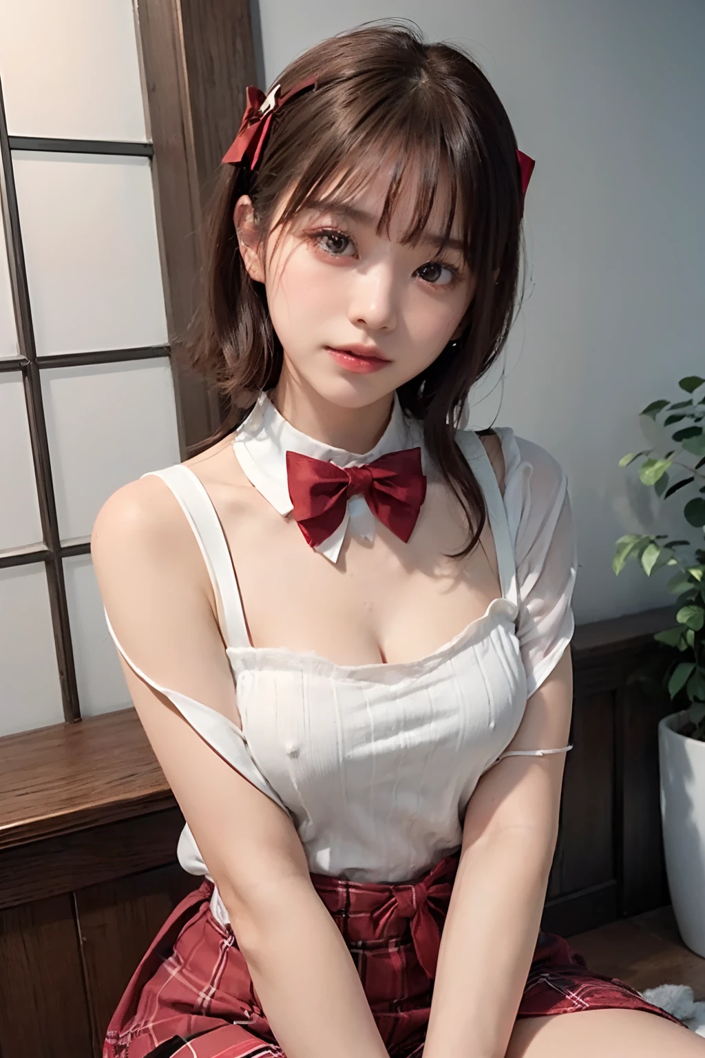 (masutepiece, small tits、Contrasting eyes、White Lace See-Through、legs up.Spread legs,Over Head Shot,Lie down、full body Esbian、Best Quality:1.2), 8K, Official art, Raw photo, unbelievable Ridiculous, (full body Esbian, Wear a turtleneck sweater、Sweater Lift、Beautiful nipple、Contrasting eyes、fullnude:1.4), Beautiful Girl, Idol face, arching back down, Pleated skirt, gardenia, violaceaess, , crass room, Looking at Viewer, No makeup, Film grain, chromatic abberation, face lights, Dynamic lighting, Cinematic lighting, Detailed face, Bokeh background, (Dark red bow tie、17 age:1.3)