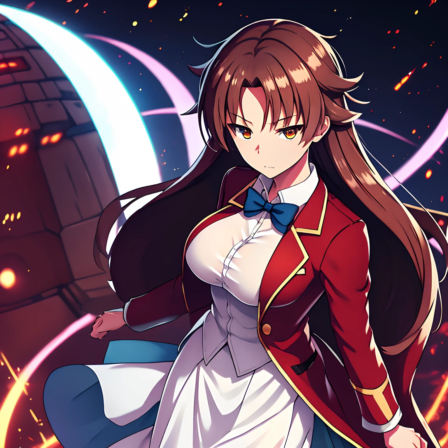 hight resolution,ultra-detailliert,Slender eyes,独奏,One lady,One tall woman,((spiked hair)),((parted bangs)),Long,brown haired,brown-eyed,huge tit,Uniform with red blazer and blue ribbon,white skirt,