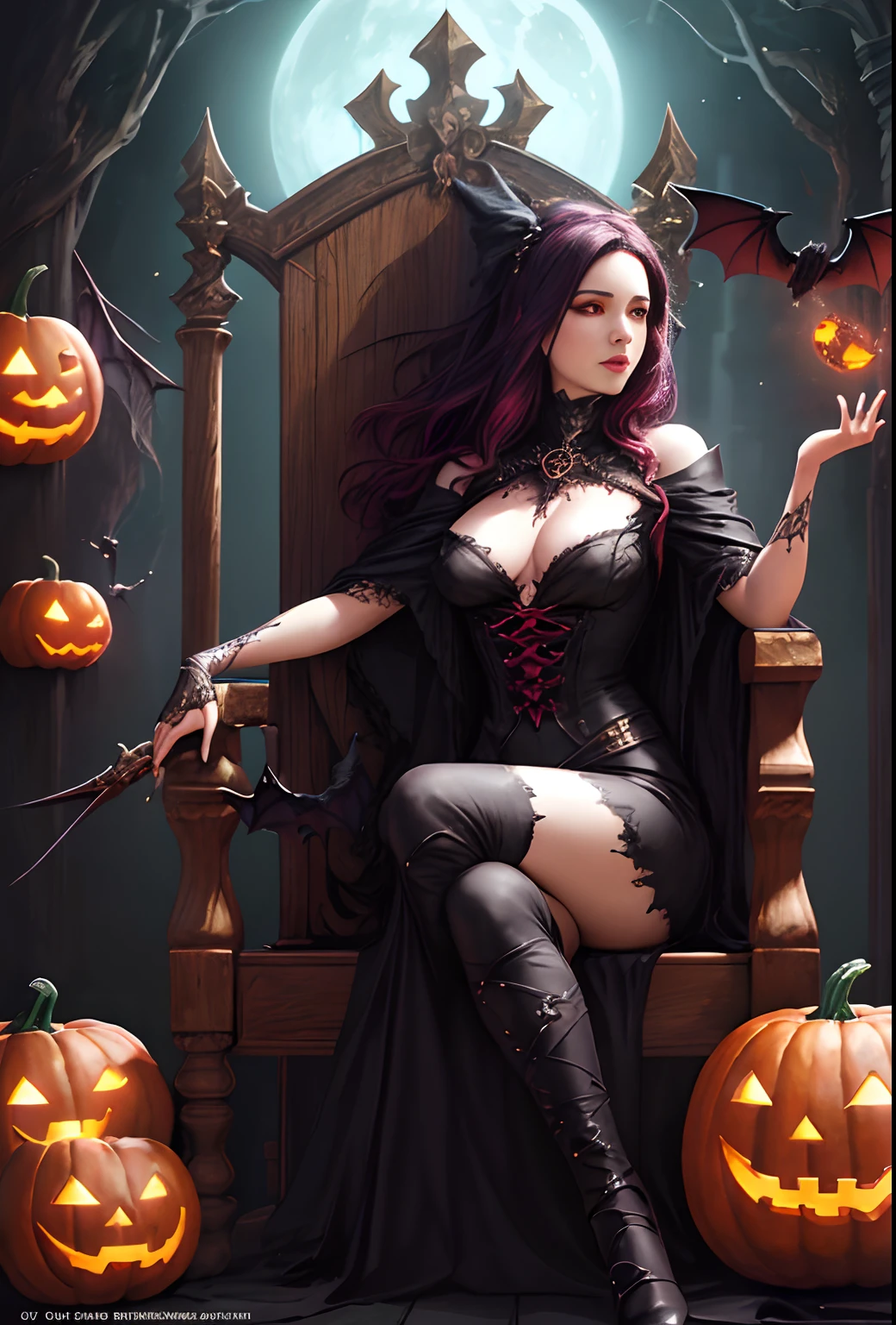 (tmasterpiece), (best qualtiy), Forcing Allah righteousness,Surrealist school of detailing,photorealestic, ultra - detailed, 16K resolution,(Halloween:1.1),hag, 独奏,Front light, cinematric light, cold light, mistic,red - eyed,Meniscus,Red Moon,borgar,pumpkins,the bats,fanciful, pumkin,The witch sat in Cadillo's chair,Holding a crow,Epic fantasy digital art style,, Rosla global lighting, Epic fantasy art style HD, artgerm julie bell beeple, artgerm and rossdraws, Fantasy wizard woman, Epic fantasy art style,gothic art style,dark fantasy style art, Epic fantasy art style,ultra-realistic realism,