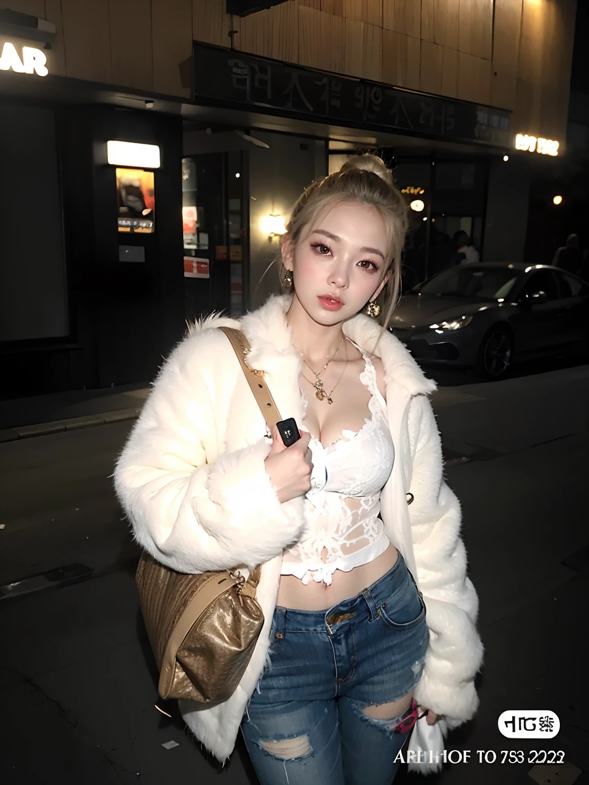Araffe woman in a white jacket and black jeans standing on a street, Cl, Parque Roseanne do Blackpink, Pelo branco, she is wearing streetwear, ava max, jossi do blackpink, Retrato de Kim Petras, jaqueta de pele, basia tran |, taken in the early 2020s, Xision Wu, Lulu Chen, Heonhwa Choe